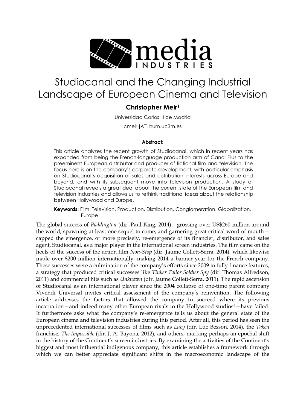 Studiocanal and the Changing Industrial Landscape of European Cinema and Television