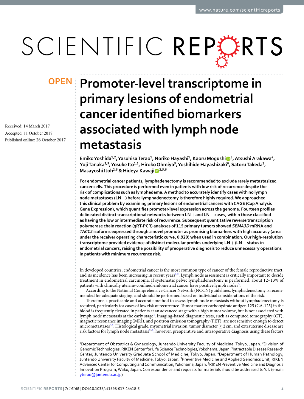 Promoter-Level Transcriptome in Primary Lesions of Endometrial Cancer Identified Biomarkers Associated with Lymph Node Metastasi