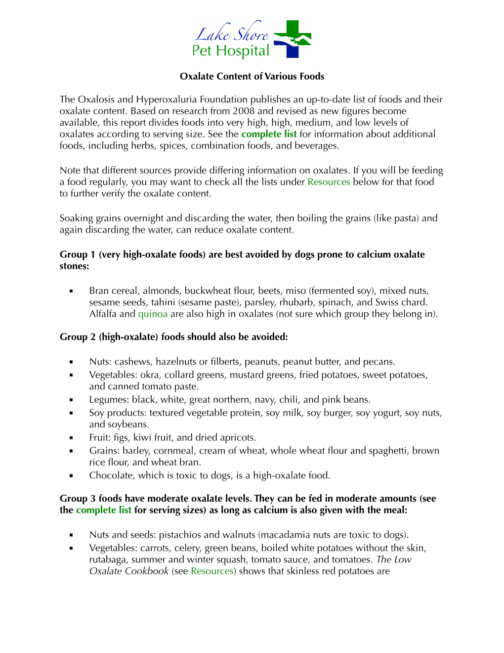 Oxalate Content of Various Foods the Oxalosis and Hyperoxaluria Foundation Publishes an Up-To-Date List of Foods and Their Oxala