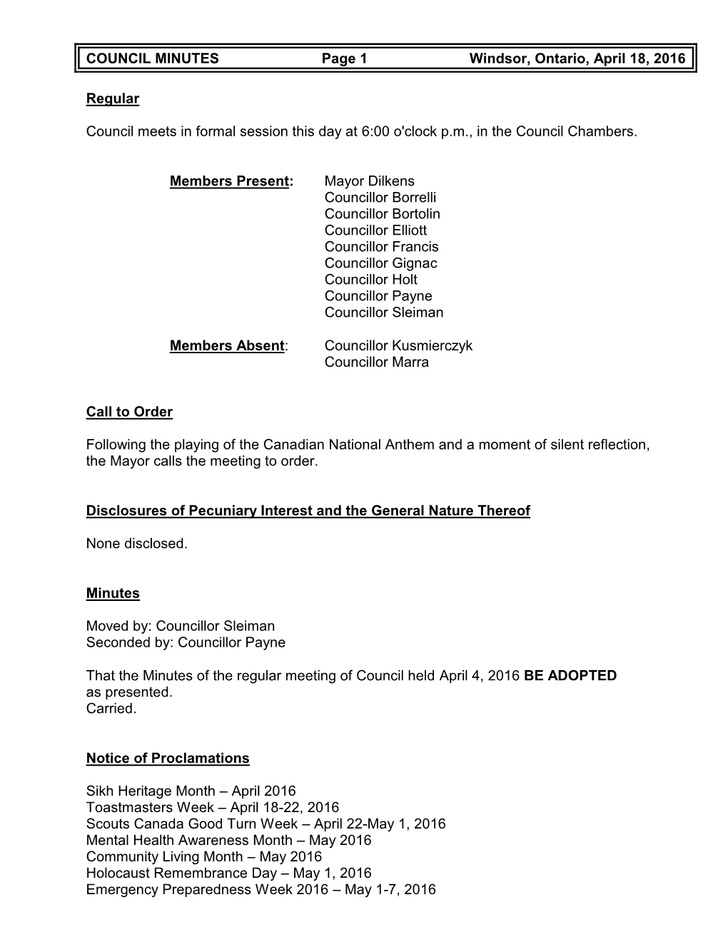 COUNCIL MINUTES Page 1 Windsor, Ontario, April 18, 2016