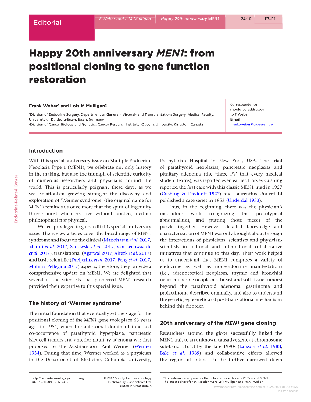 Happy 20Th Anniversary MEN1: from Positional Cloning to Gene Function Restoration