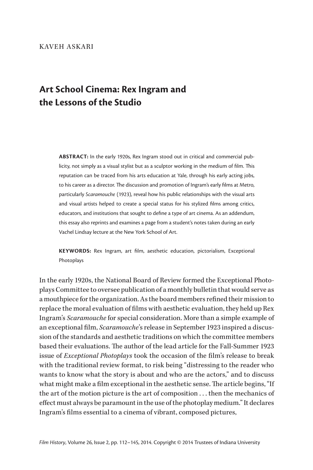 Kaveh Askari, Art School Cinema: Rex Ingram and the Lessons of The