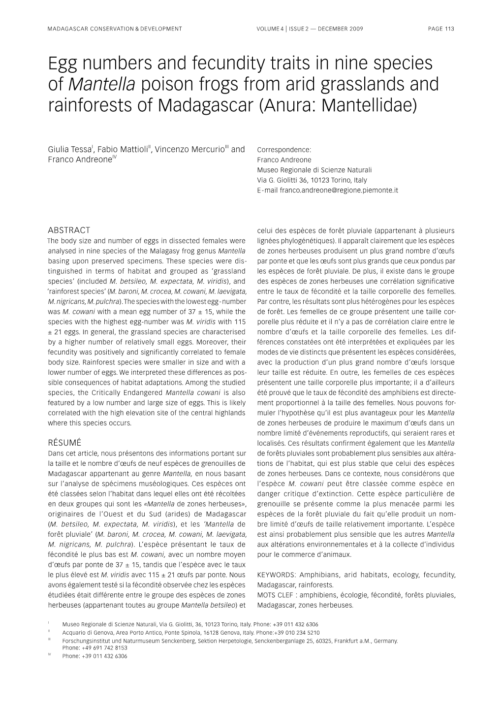 Egg Numbers and Fecundity Traits in Nine Species of Mantella Poison Frogs from Arid Grasslands and Rainforests of Madagascar (Anura: Mantellidae)