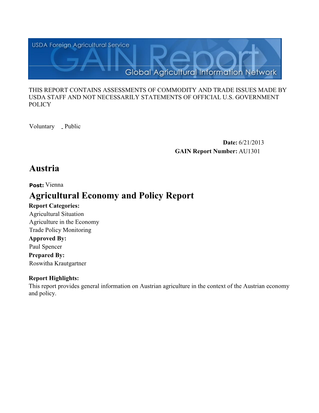 Agricultural Economy and Policy Report Austria