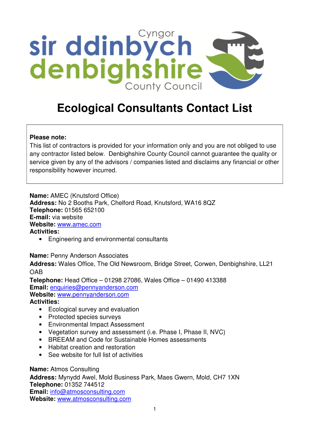 Ecological Consultants Contact List