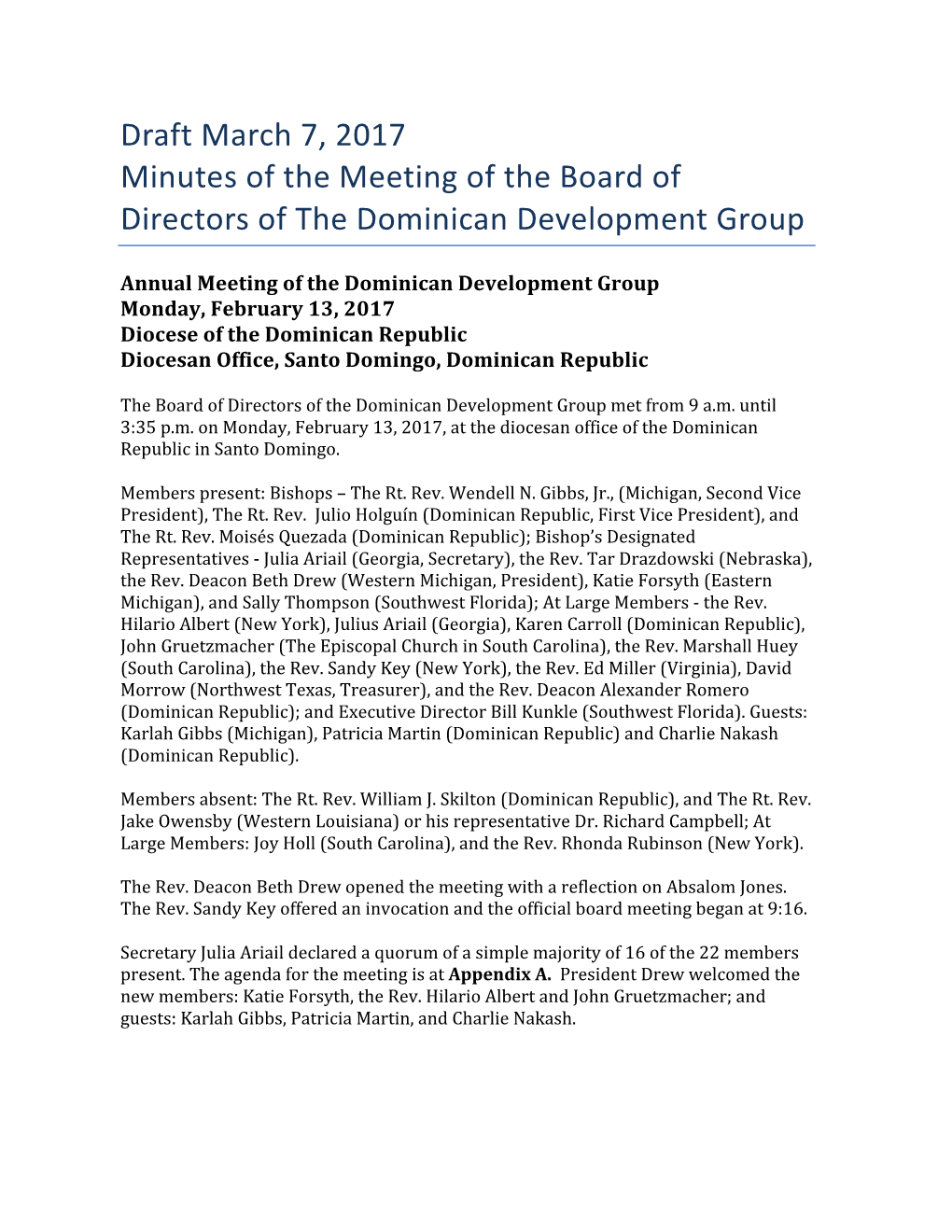 Draft March 7, 2017 Minutes of the Meeting of the Board of Directors of the Dominican Development Group