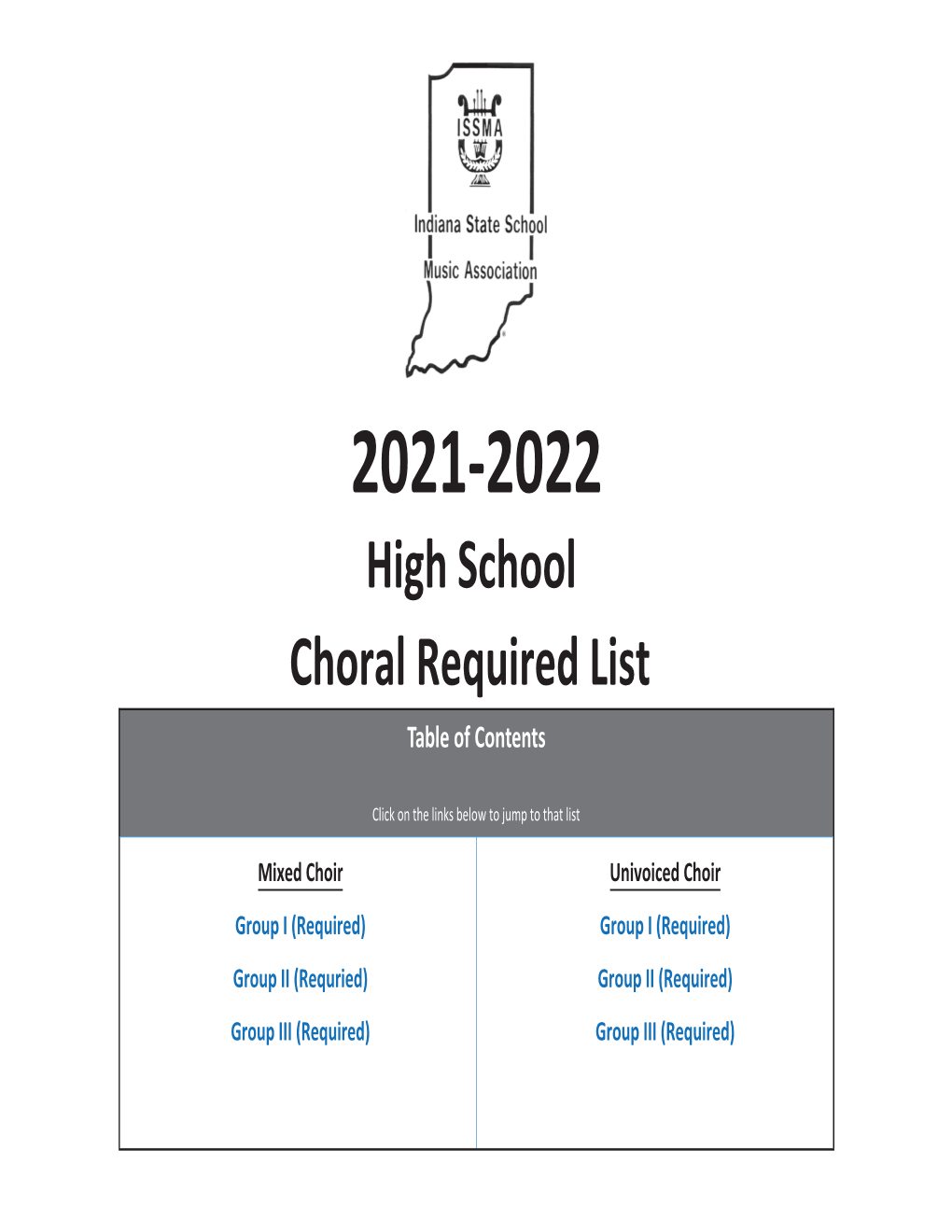 2021-2022 High School Choral Required List Table of Contents