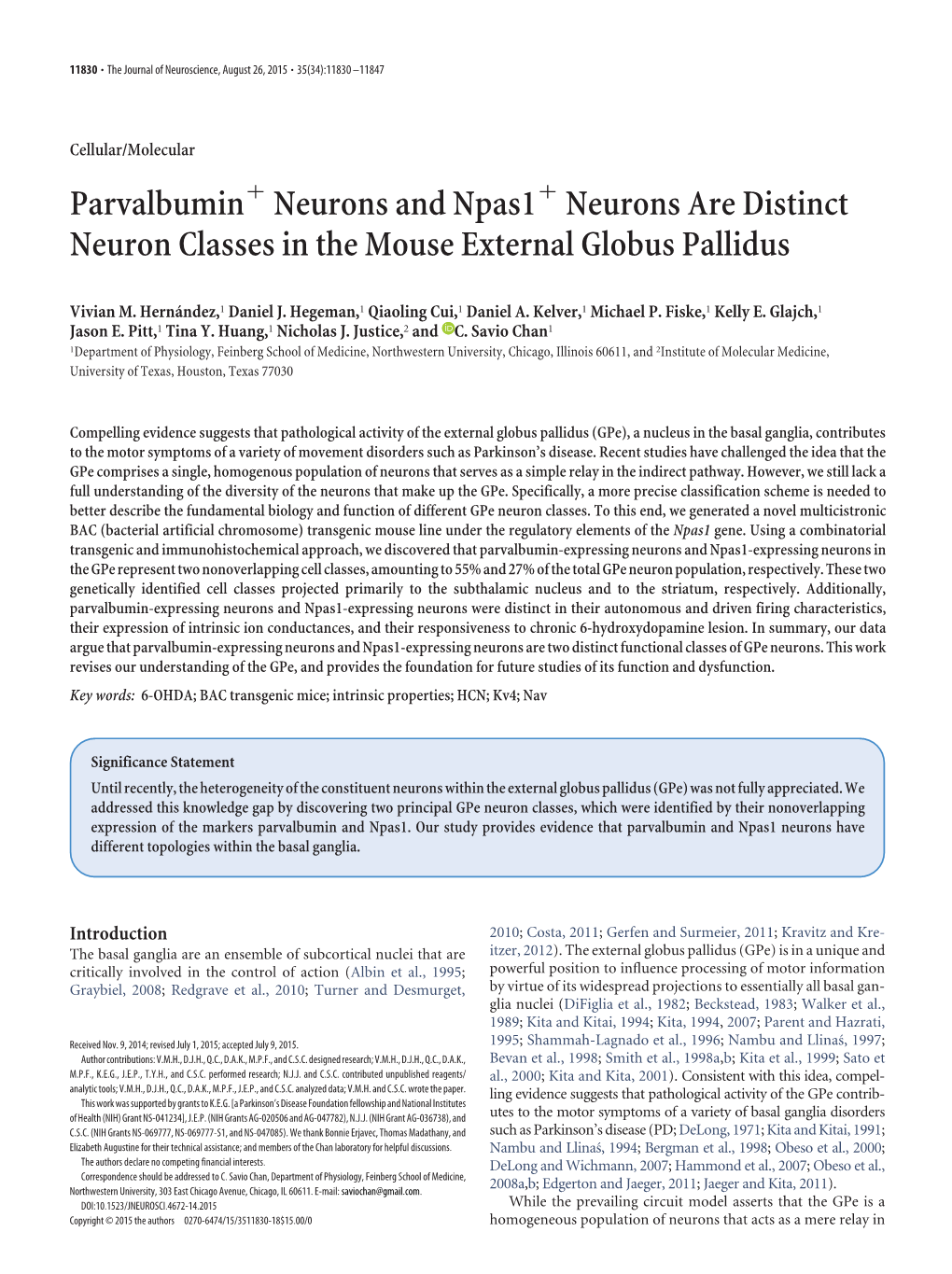 Parvalbumin Neurons and Npas1 Neurons Are Distinct Neuron