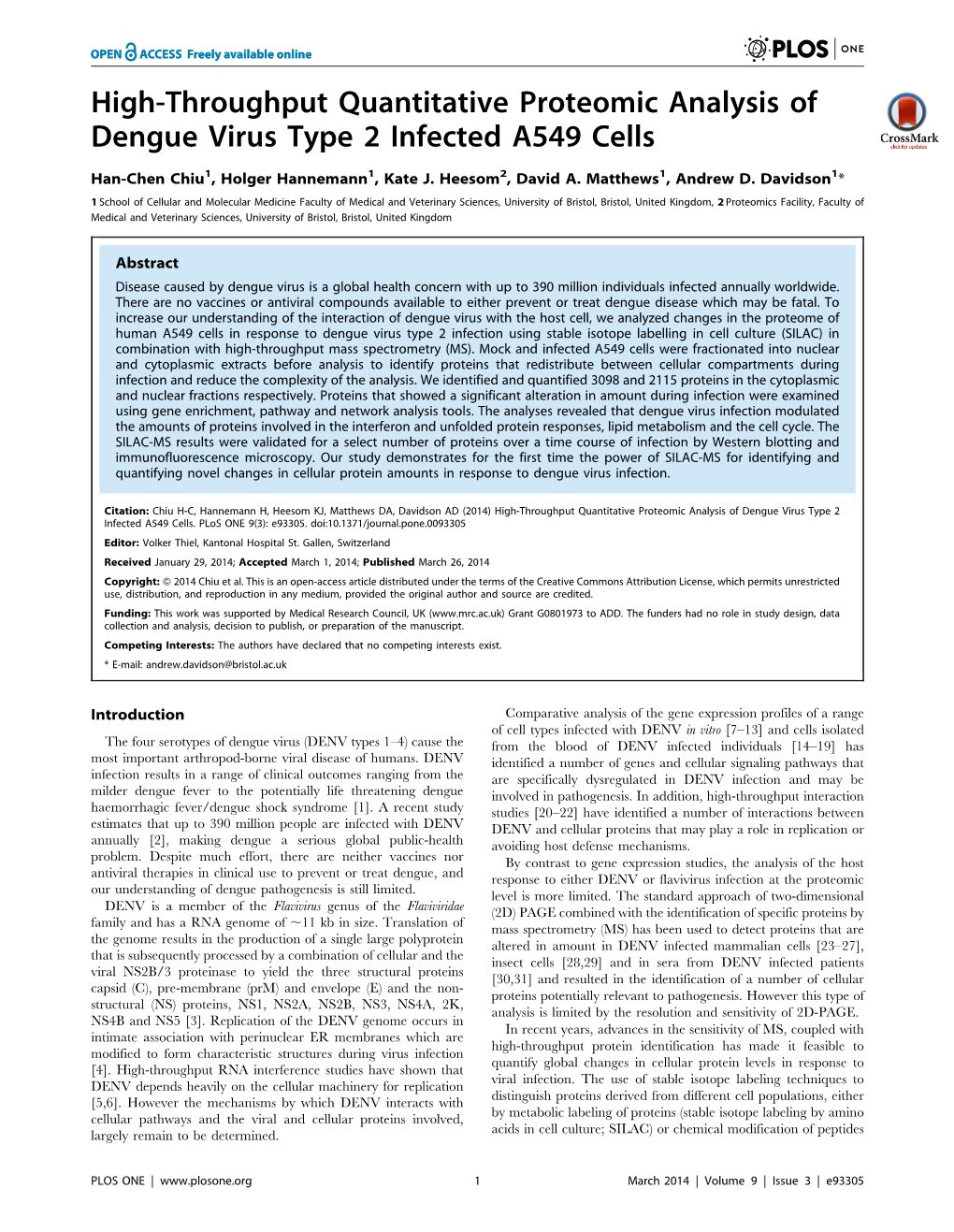 High-Throughput Quantitative Proteomic Analysis of Dengue Virus Type 2 Infected A549 Cells