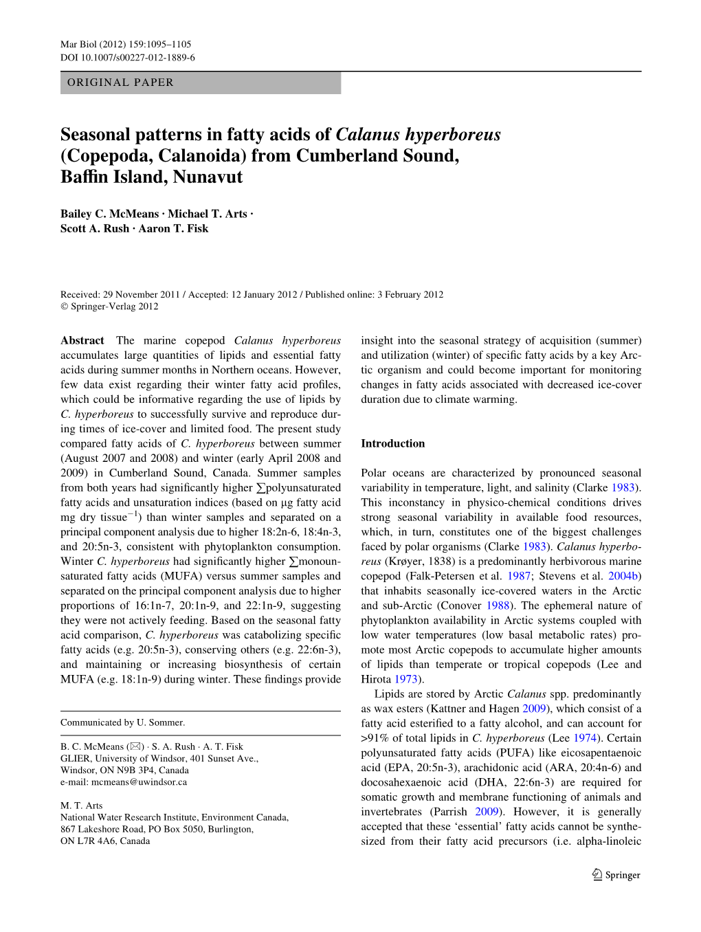 Seasonal Patterns in Fatty Acids of Calanus Hyperboreus (Copepoda, Calanoida) from Cumberland Sound, Bayn Island, Nunavut
