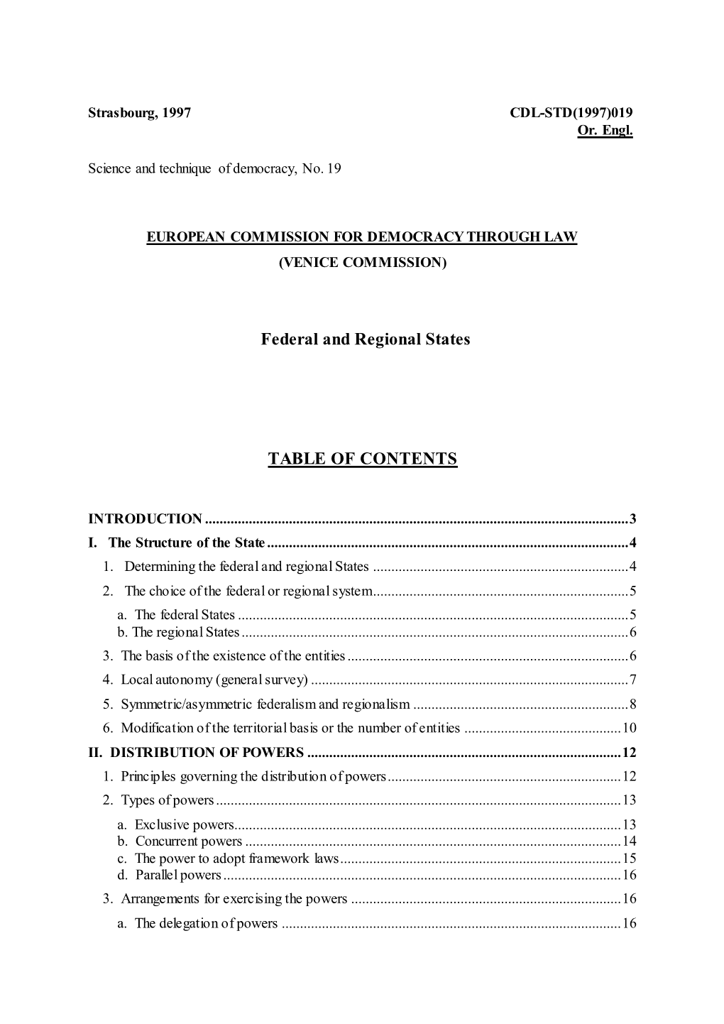 Federal and Regional States TABLE of CONTENTS