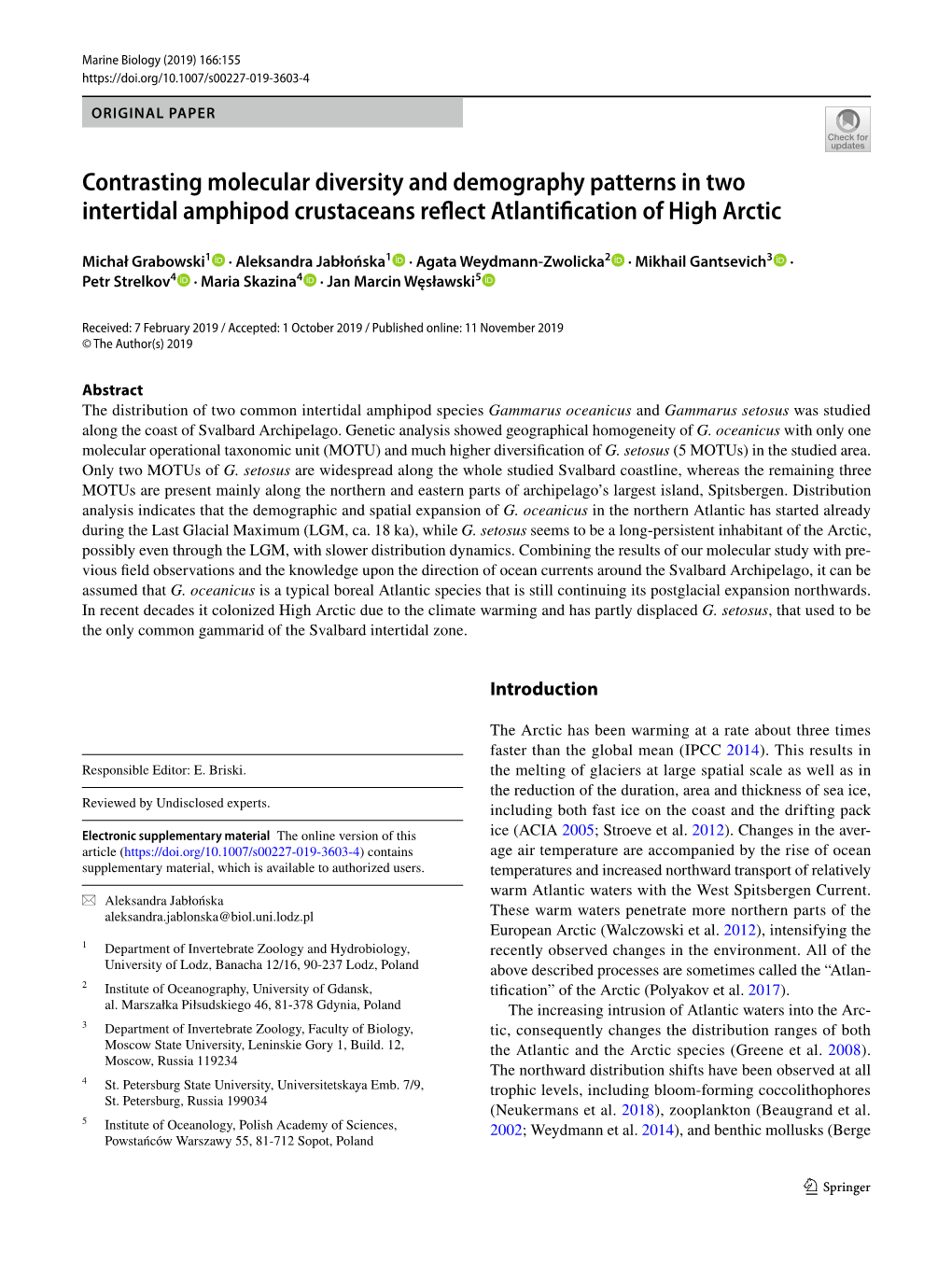 Contrasting Molecular Diversity and Demography Patterns in Two Intertidal Amphipod Crustaceans Refect Atlantifcation of High Arctic