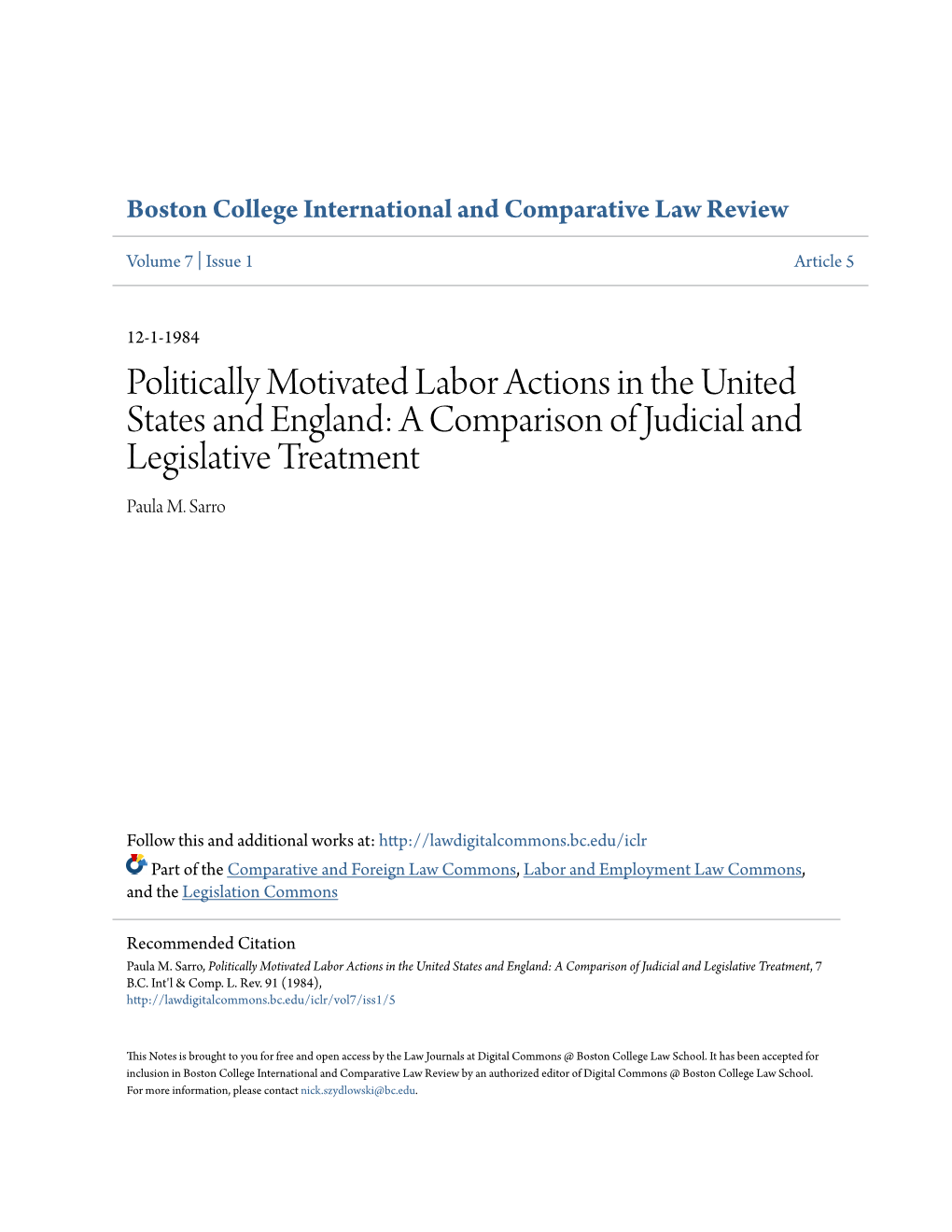 Politically Motivated Labor Actions in the United States and England: a Comparison of Judicial and Legislative Treatment Paula M