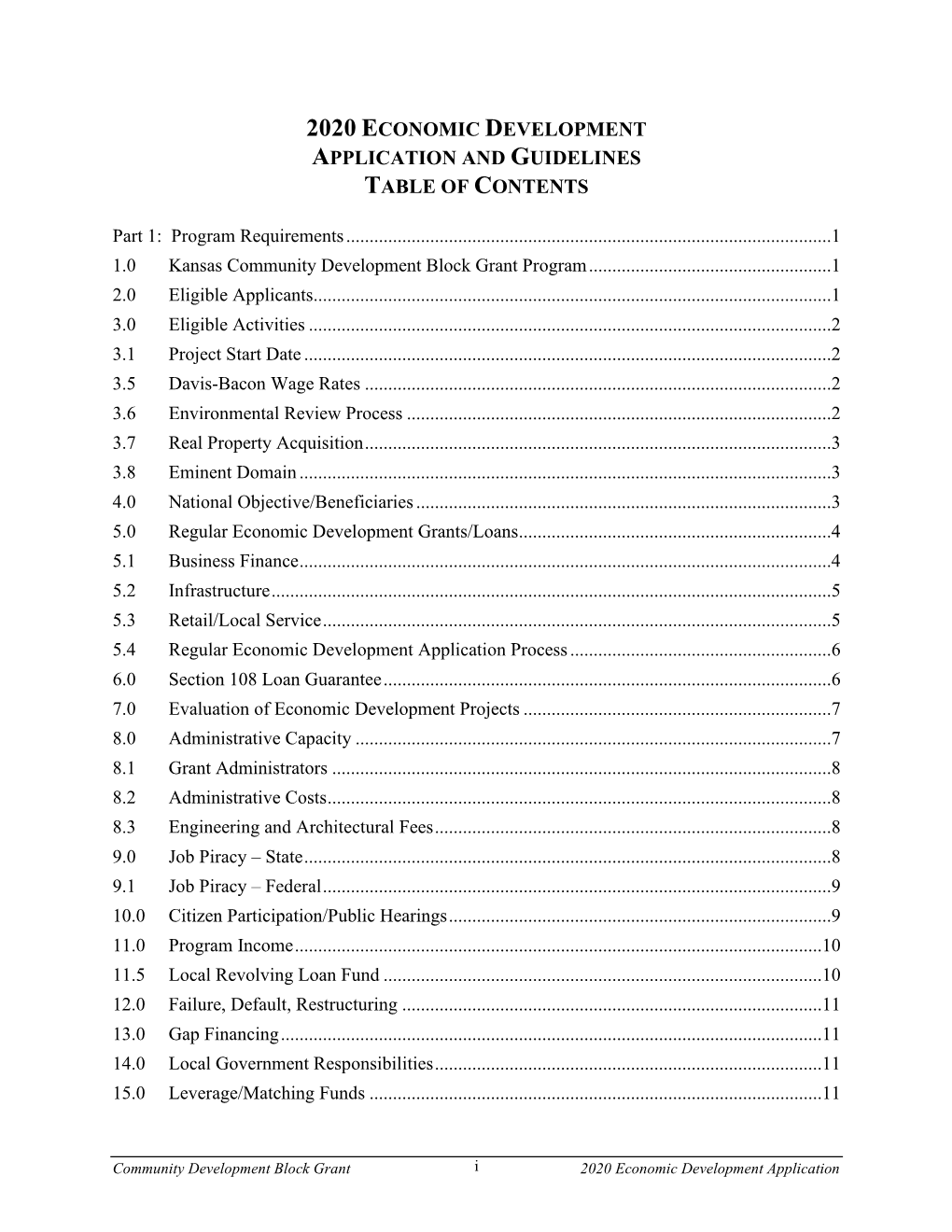 2020 Economic Development Application and Guidelines Table of Contents