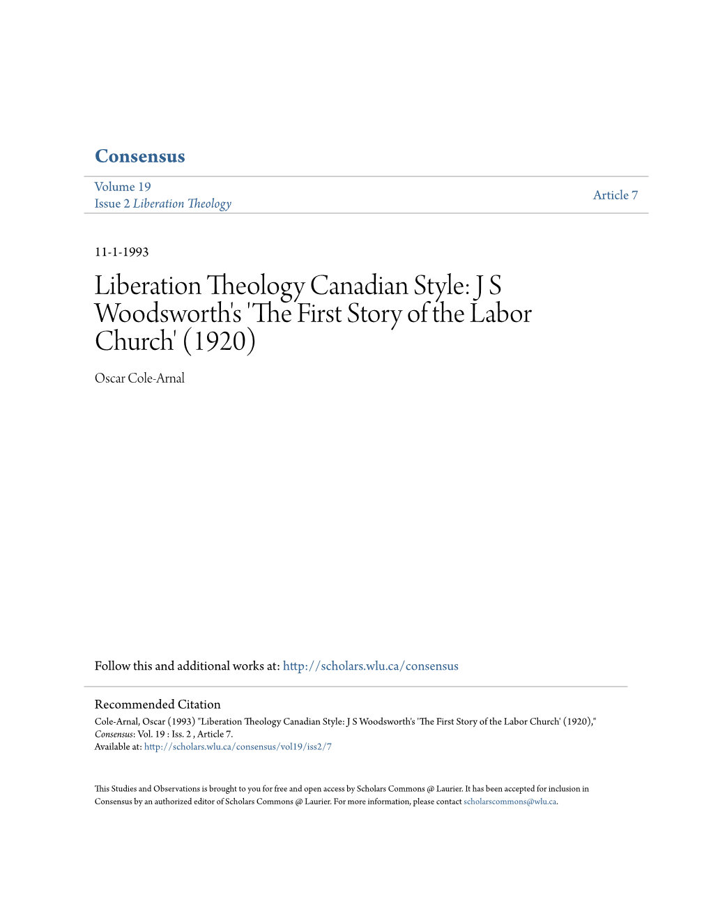 JS Woodsworth's 'The First Story of the Labor Church' (1920)