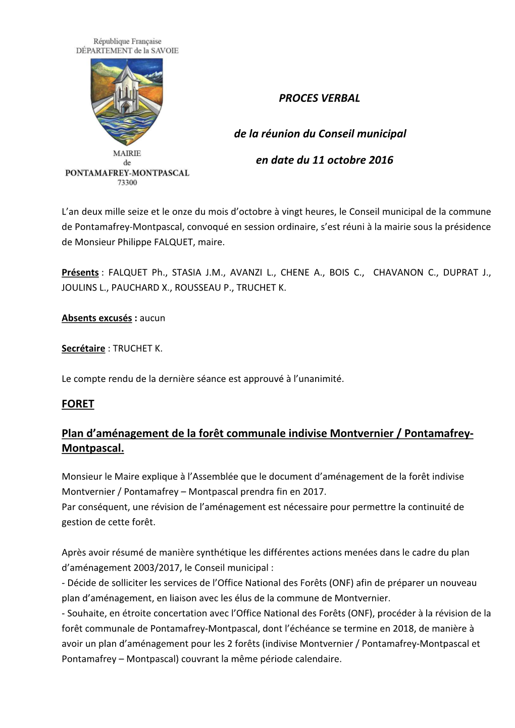 PROCES VERBAL De La Réunion Du Conseil Municipal En Date Du 11