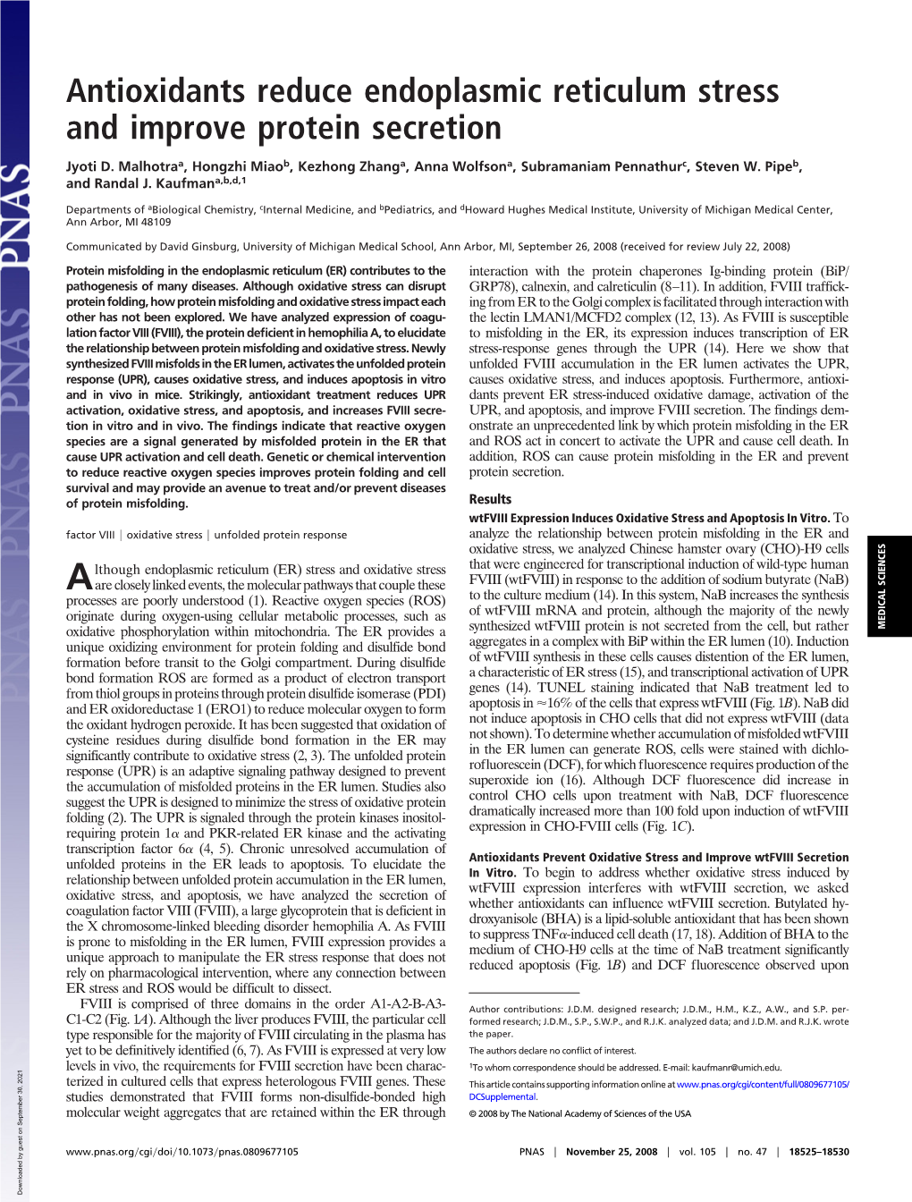 Antioxidants Reduce Endoplasmic Reticulum Stress and Improve Protein Secretion