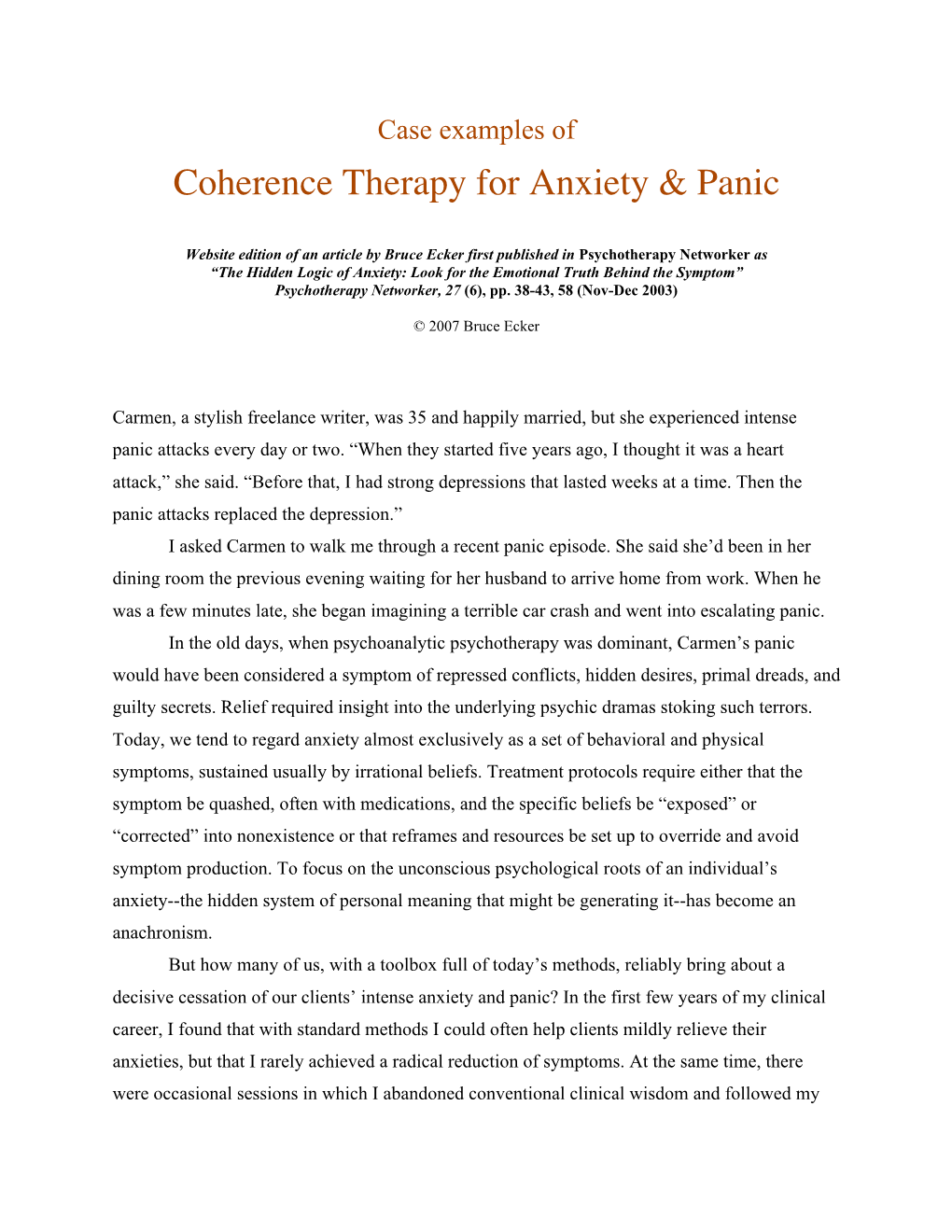 Coherence Therapy for Anxiety & Panic