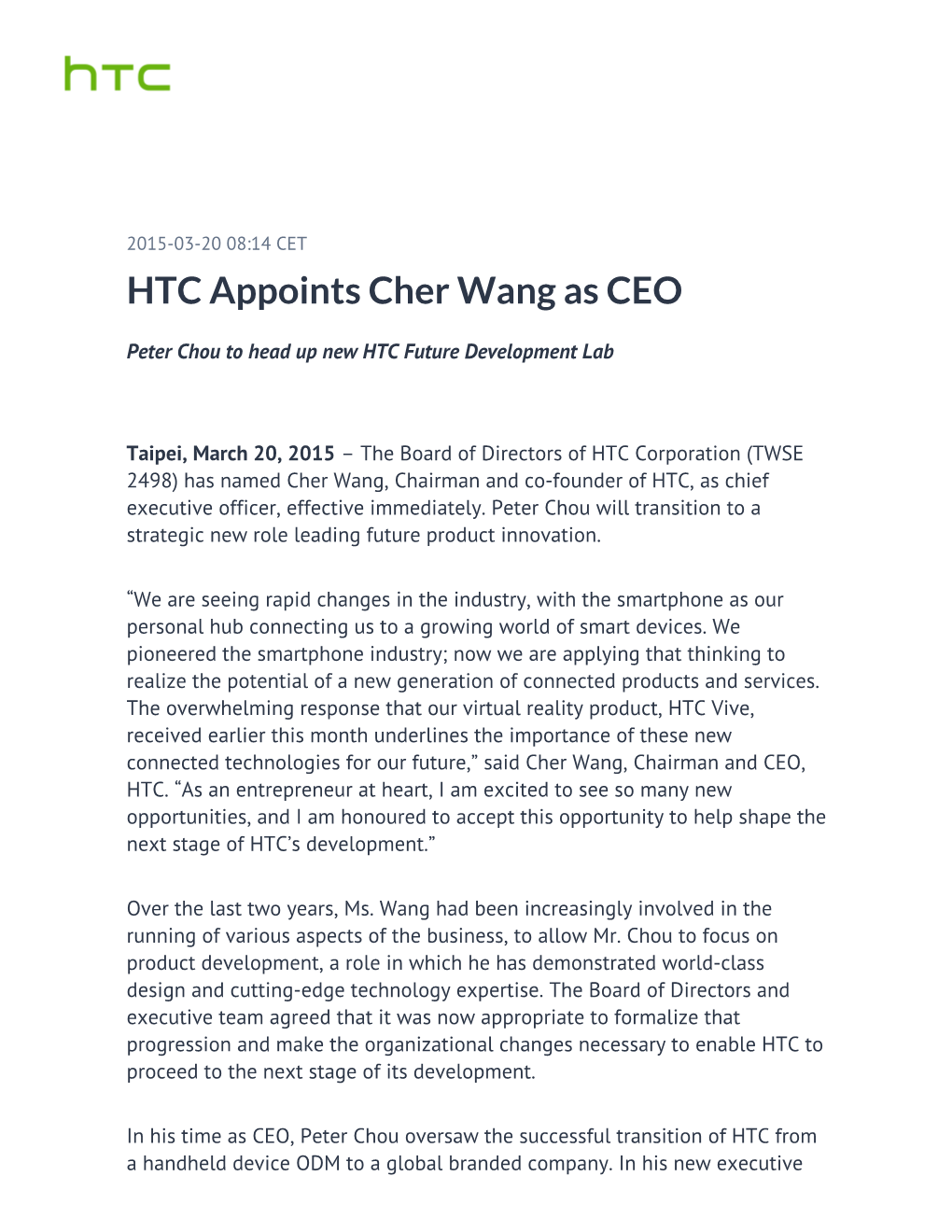 ​HTC Appoints Cher Wang As