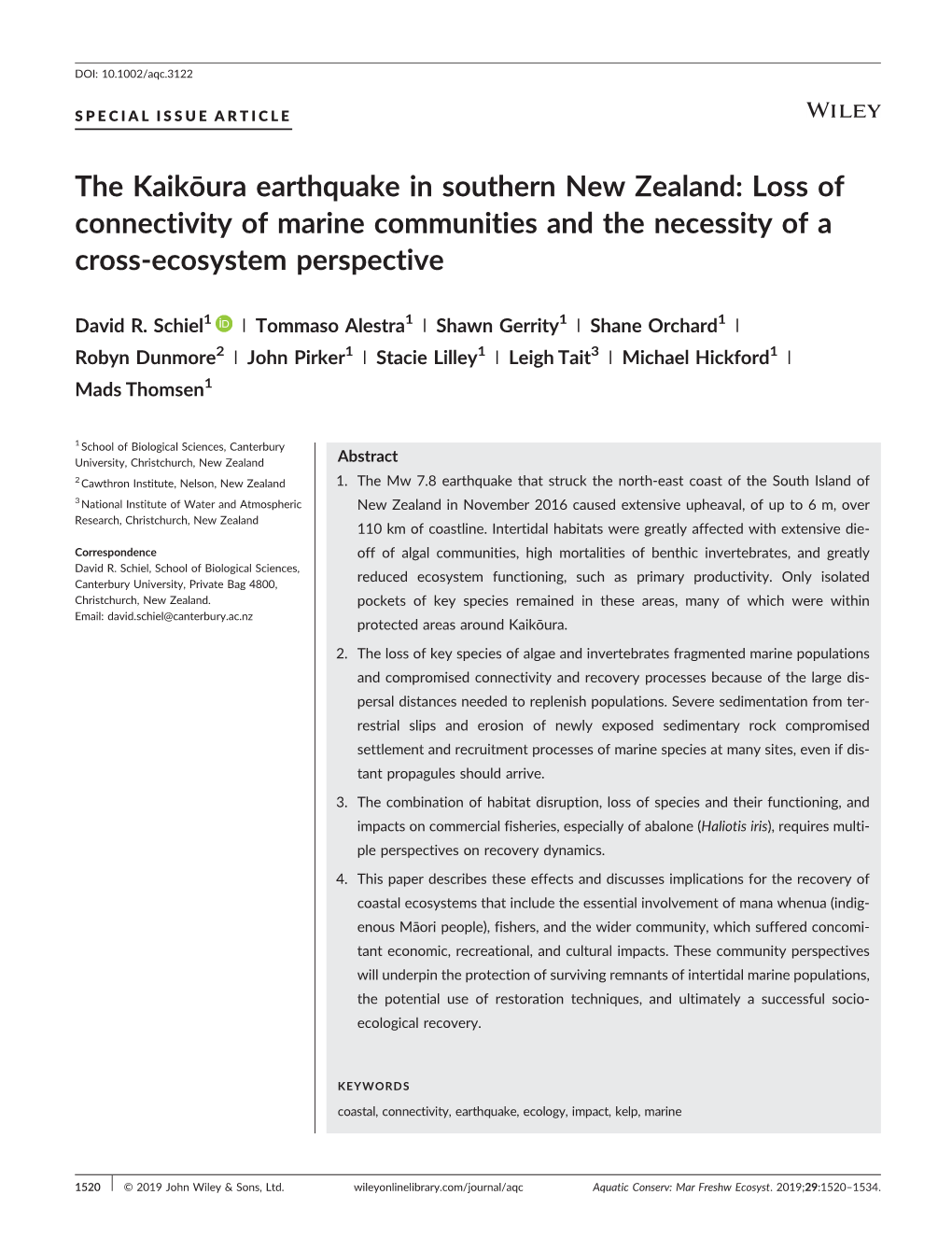The Kaikōura Earthquake in Southern New Zealand: Loss of Connectivity of Marine Communities and the Necessity of a Cross‐Ecosystem Perspective
