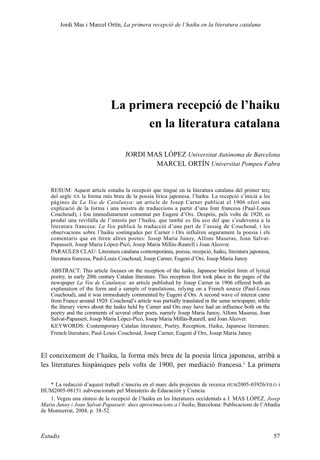 La Primera Recepció De L'haiku En La Literatura Catalana