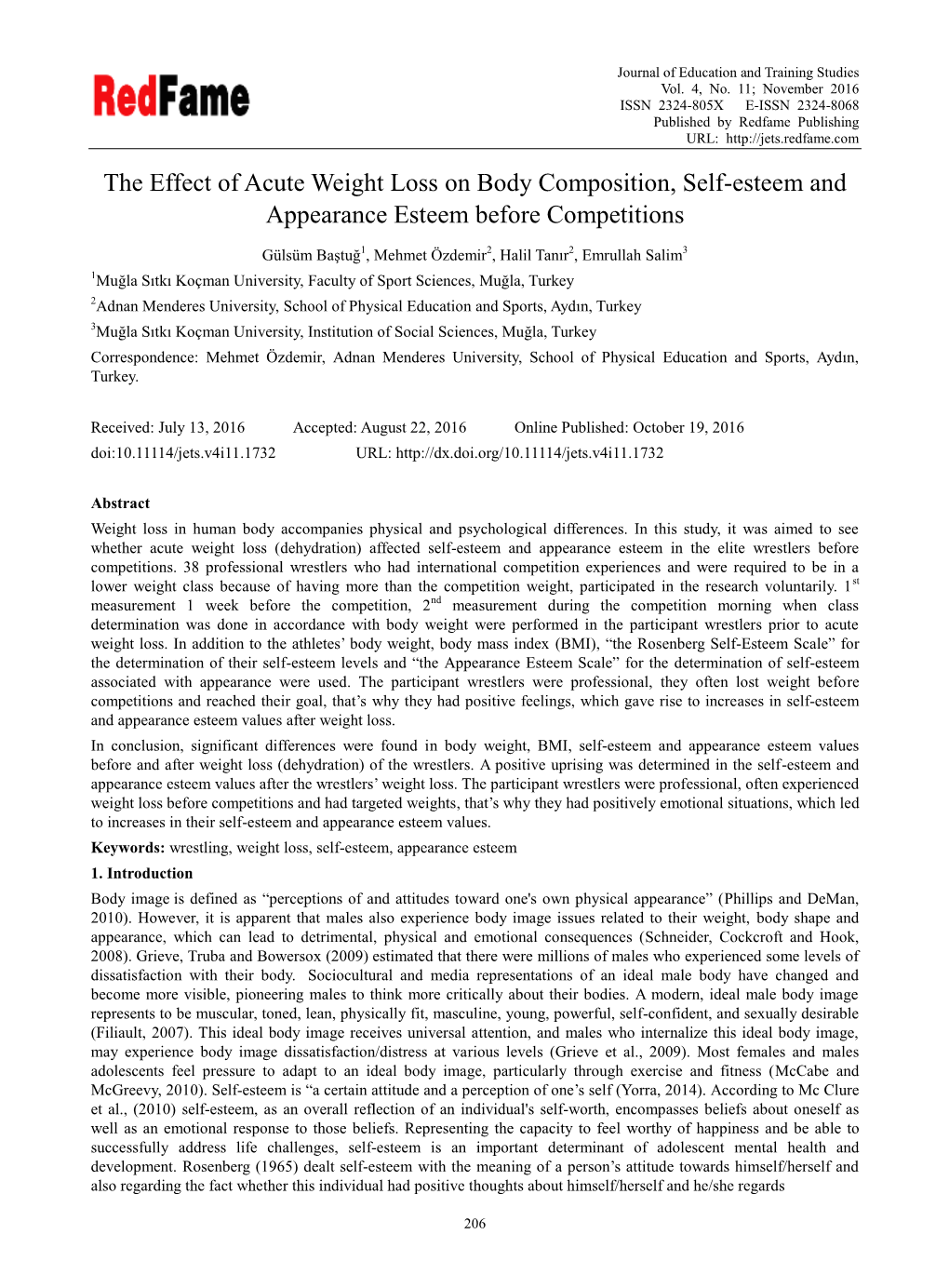The Effect of Acute Weight Loss on Body Composition, Self-Esteem and Appearance Esteem Before Competitions