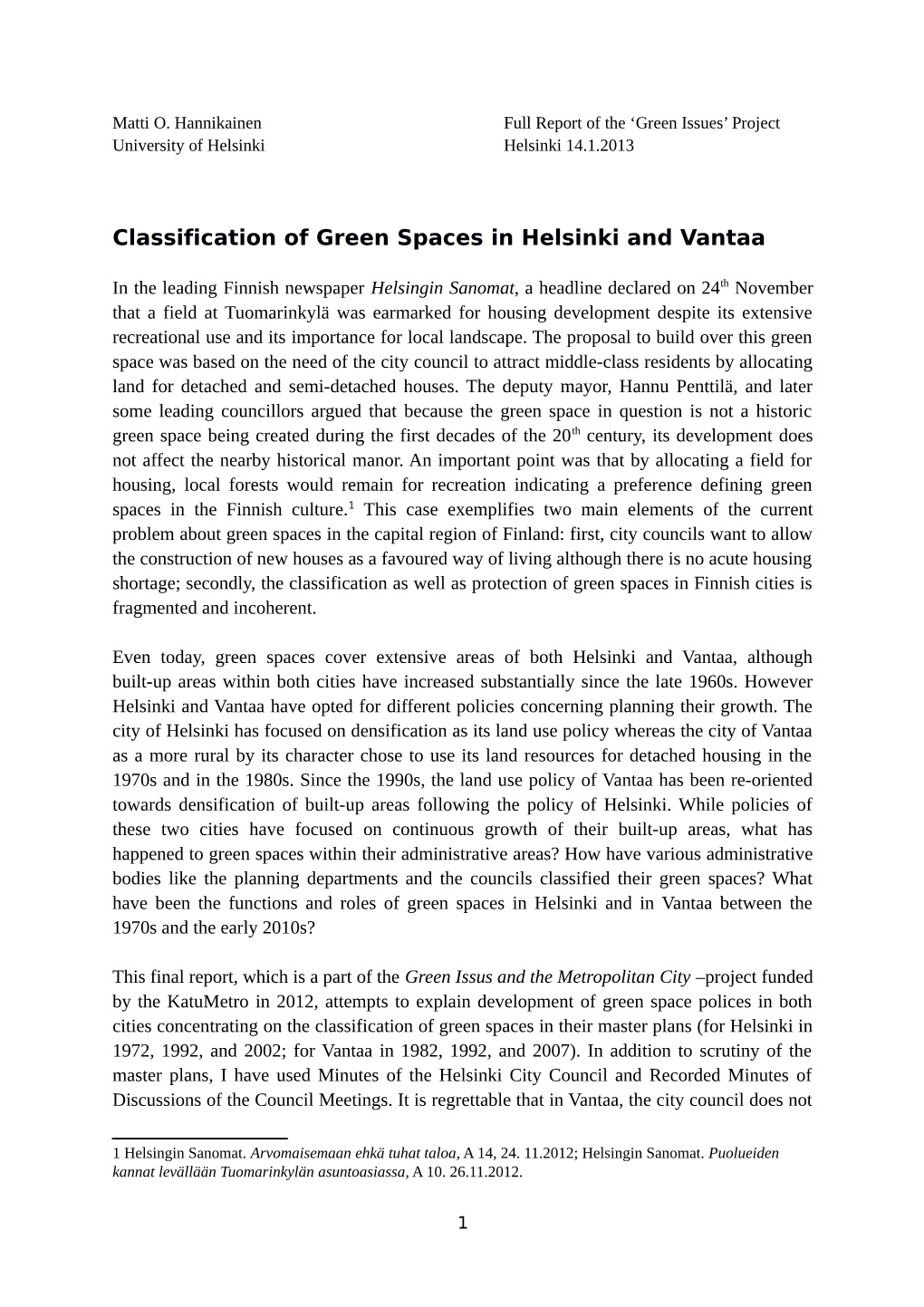 Classification of Green Spaces in Helsinki and Vantaa