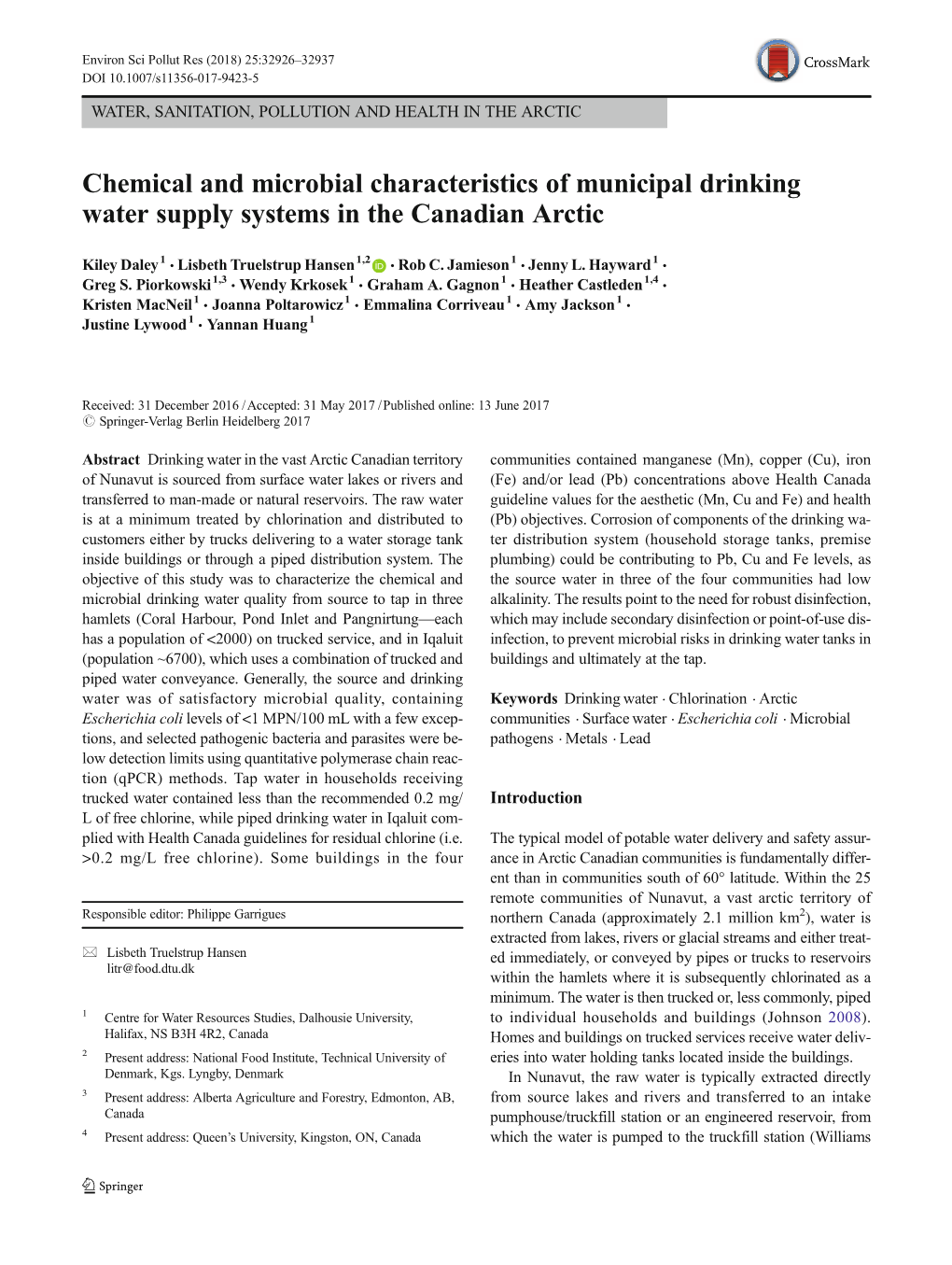 Chemical and Microbial Characteristics of Municipal Drinking Water Supply Systems in the Canadian Arctic