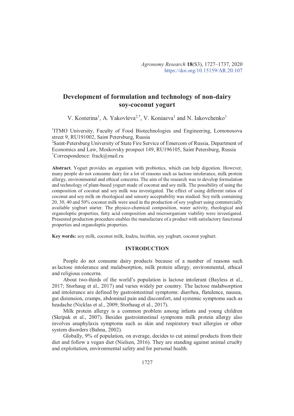 Development of Formulation and Technology of Non-Dairy Soy-Coconut Yogurt