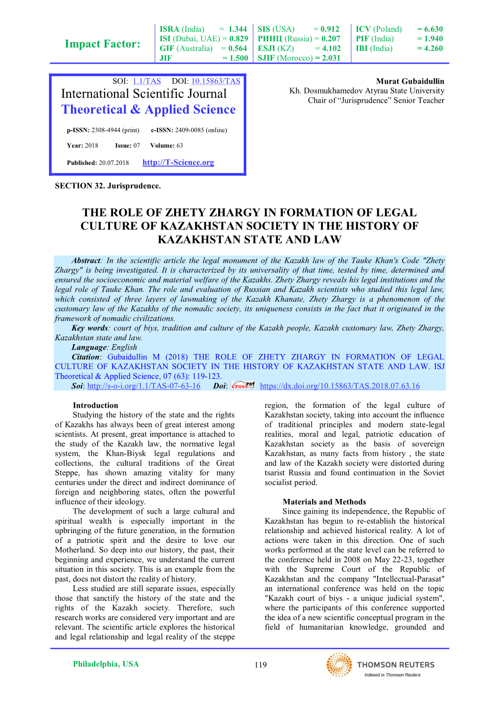 The Role of Zhety Zhargy in Formation of Legal Culture of Kazakhstan Society in the History of Kazakhstan State and Law