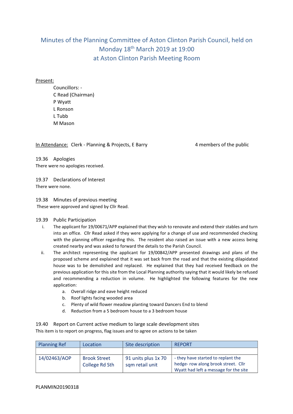 Minutes of the Planning Committee of Aston Clinton Parish Council, Held on Monday 18Th March 2019 at 19:00 at Aston Clinton Parish Meeting Room