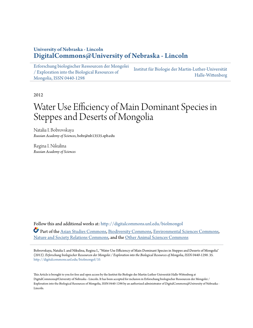 Water Use Efficiency of Main Dominant Species in Steppes and Deserts of Mongolia Natalia I