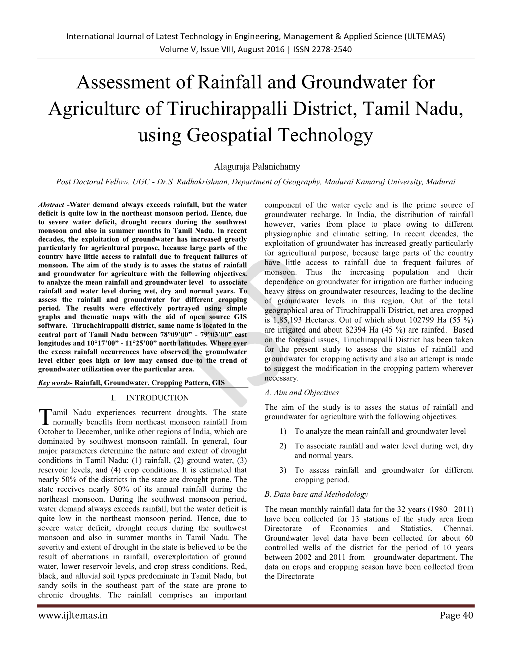 Assessment of Rainfall and Groundwater for Agriculture of Tiruchirappalli District, Tamil Nadu, Using Geospatial Technology