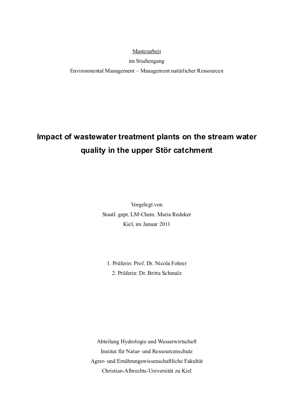 Impact of Wastewater Treatment Plants on the Stream Water Quality in the Upper Stör Catchment