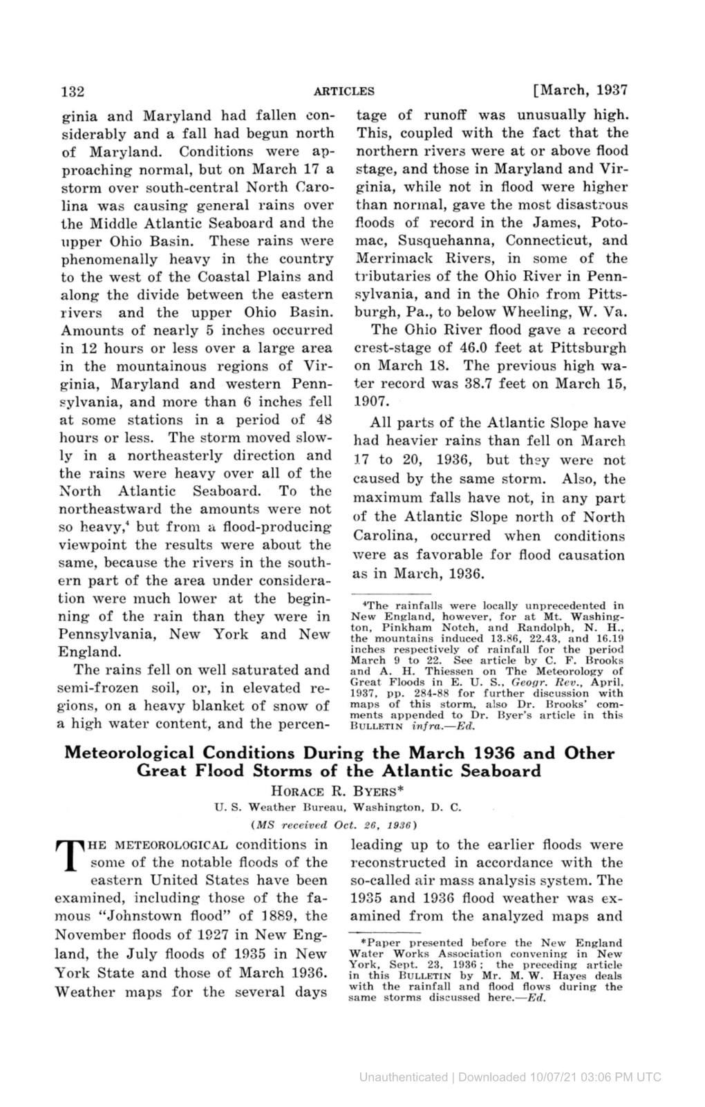 Meteorological Conditions During the March 1936 and Other Great Flood Storms of the Atlantic Seaboard HORACE R