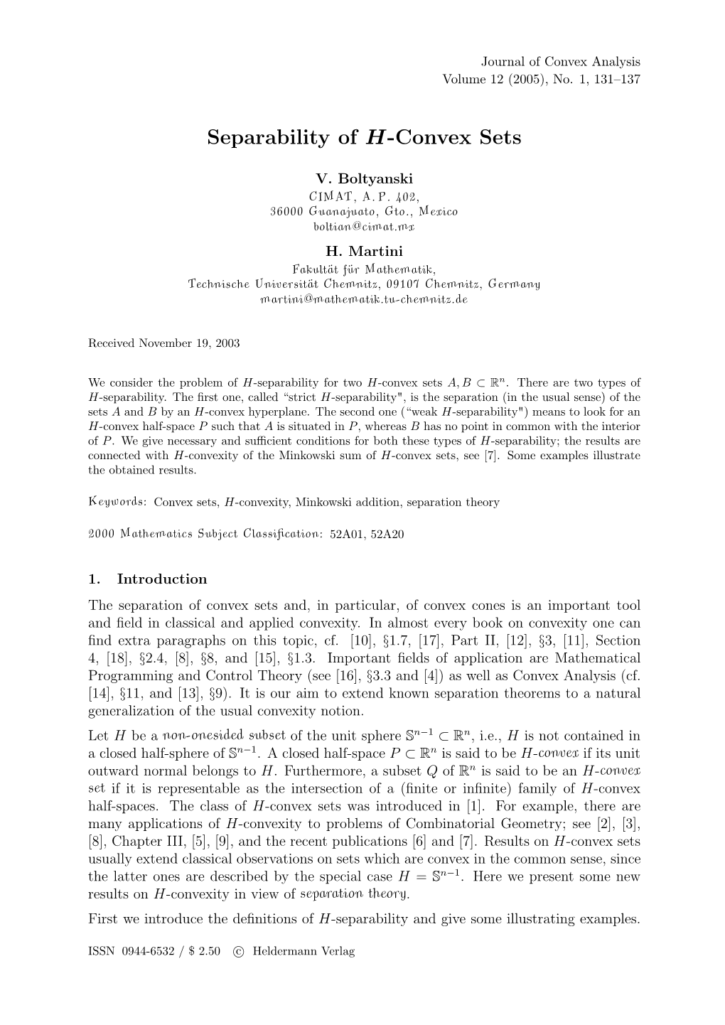 Separability of H-Convex Sets