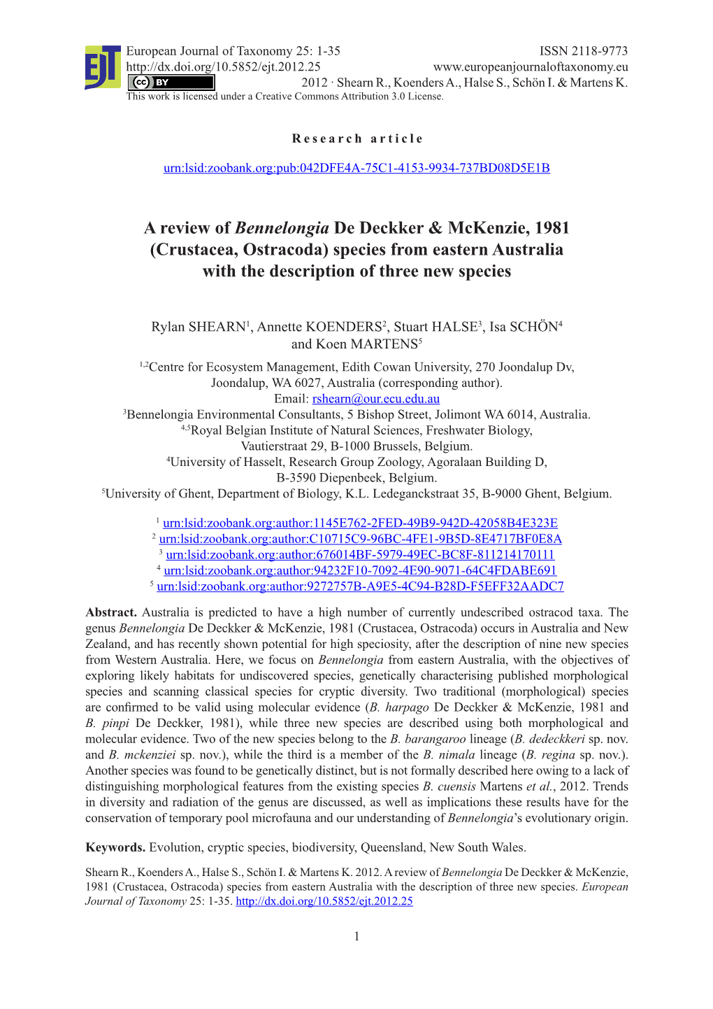 A Review of Bennelongia De Deckker & Mckenzie, 1981 (Crustacea, Ostracoda) Species from Eastern Australia with the Description of Three New Species