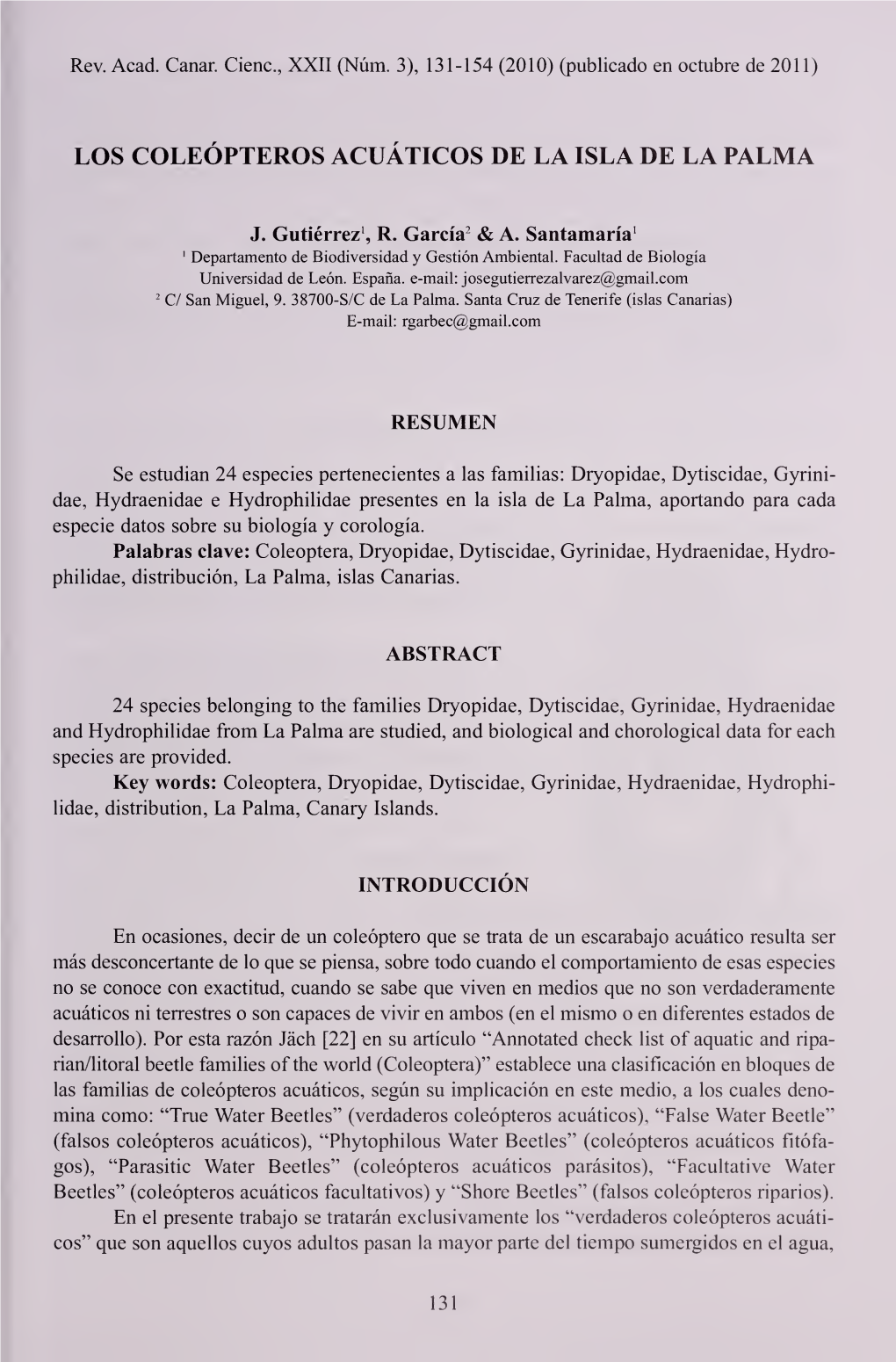 Los Coleópteros Acuáticos De La Isla De La Palma