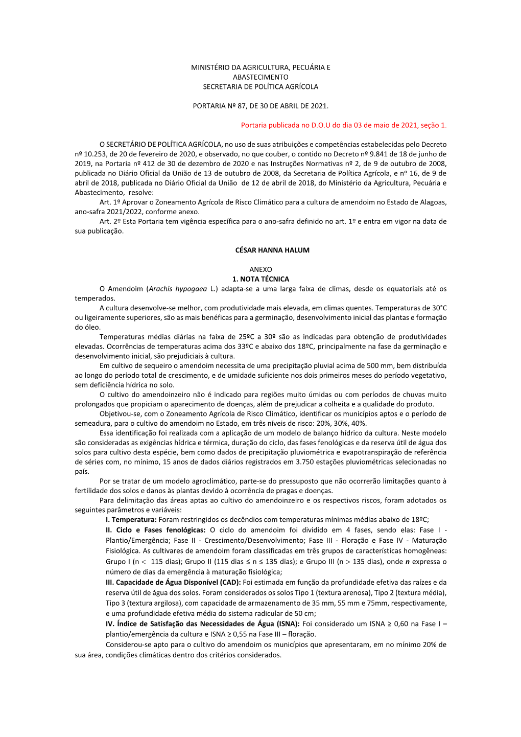 Ministério Da Agricultura, Pecuária E Abastecimento Secretaria De Política Agrícola