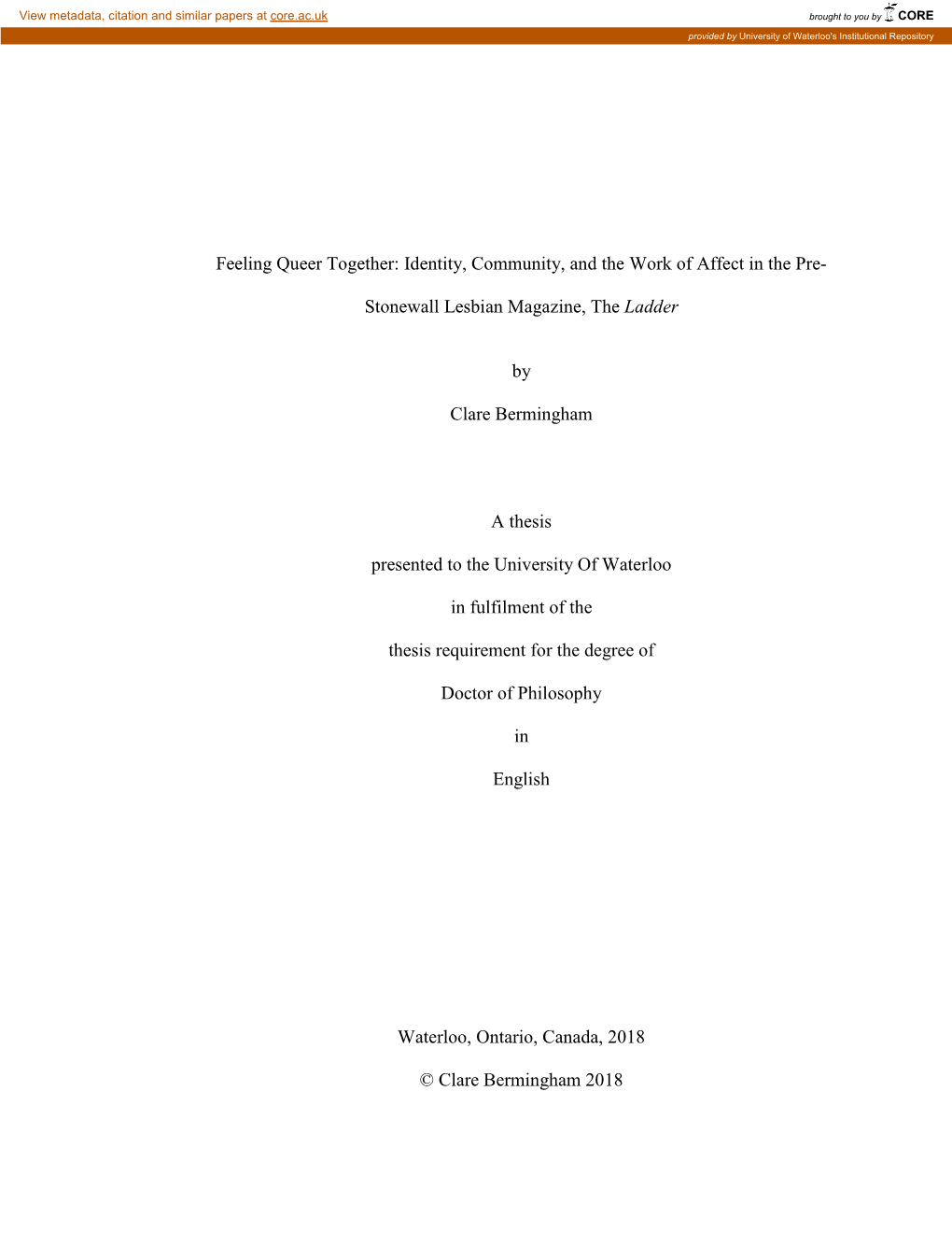 Feeling Queer Together: Identity, Community, and the Work of Affect in the Pre- Stonewall Lesbian Magazine, the Ladder by Clare