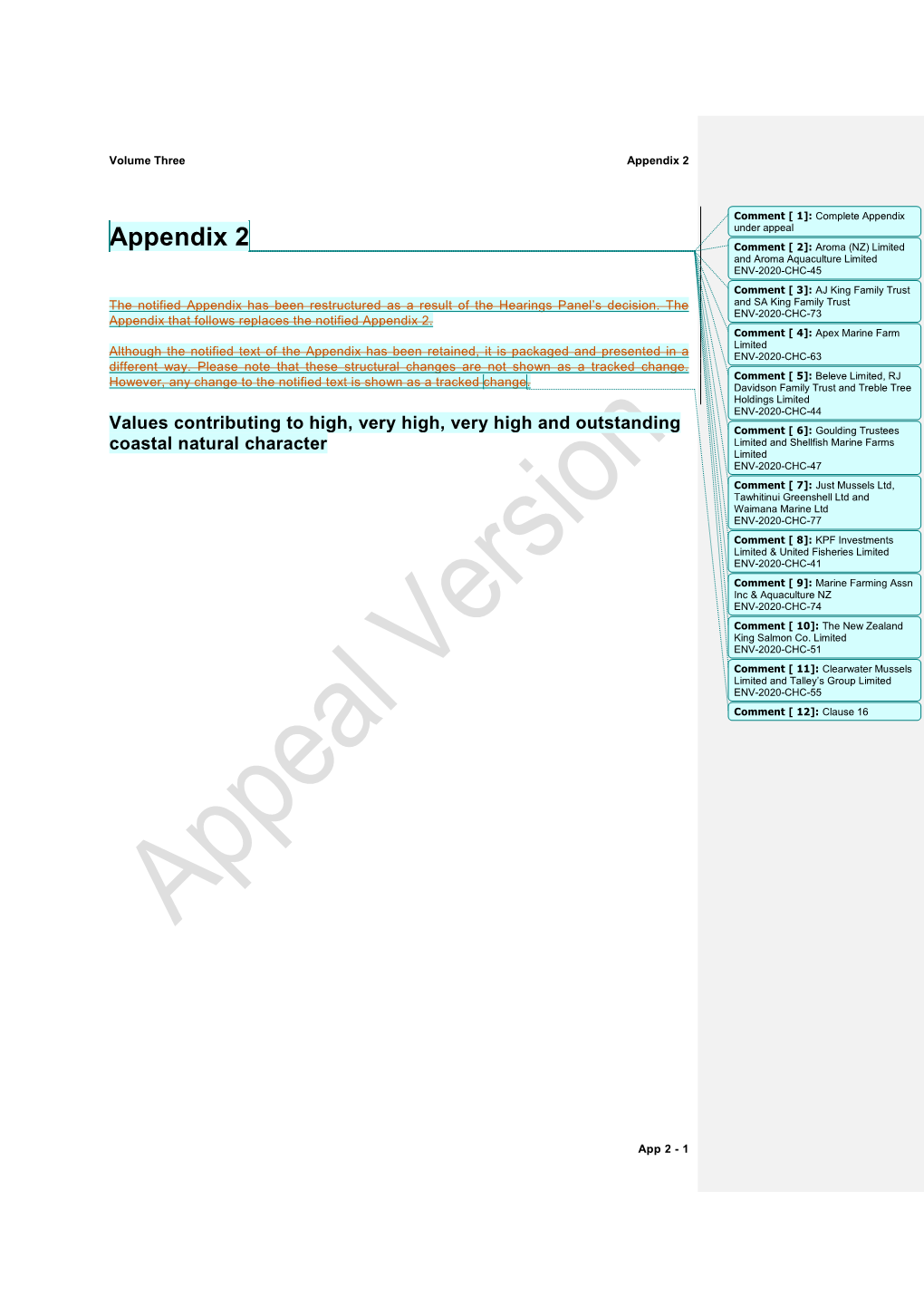 Coastal Natural Character Schedule of Values