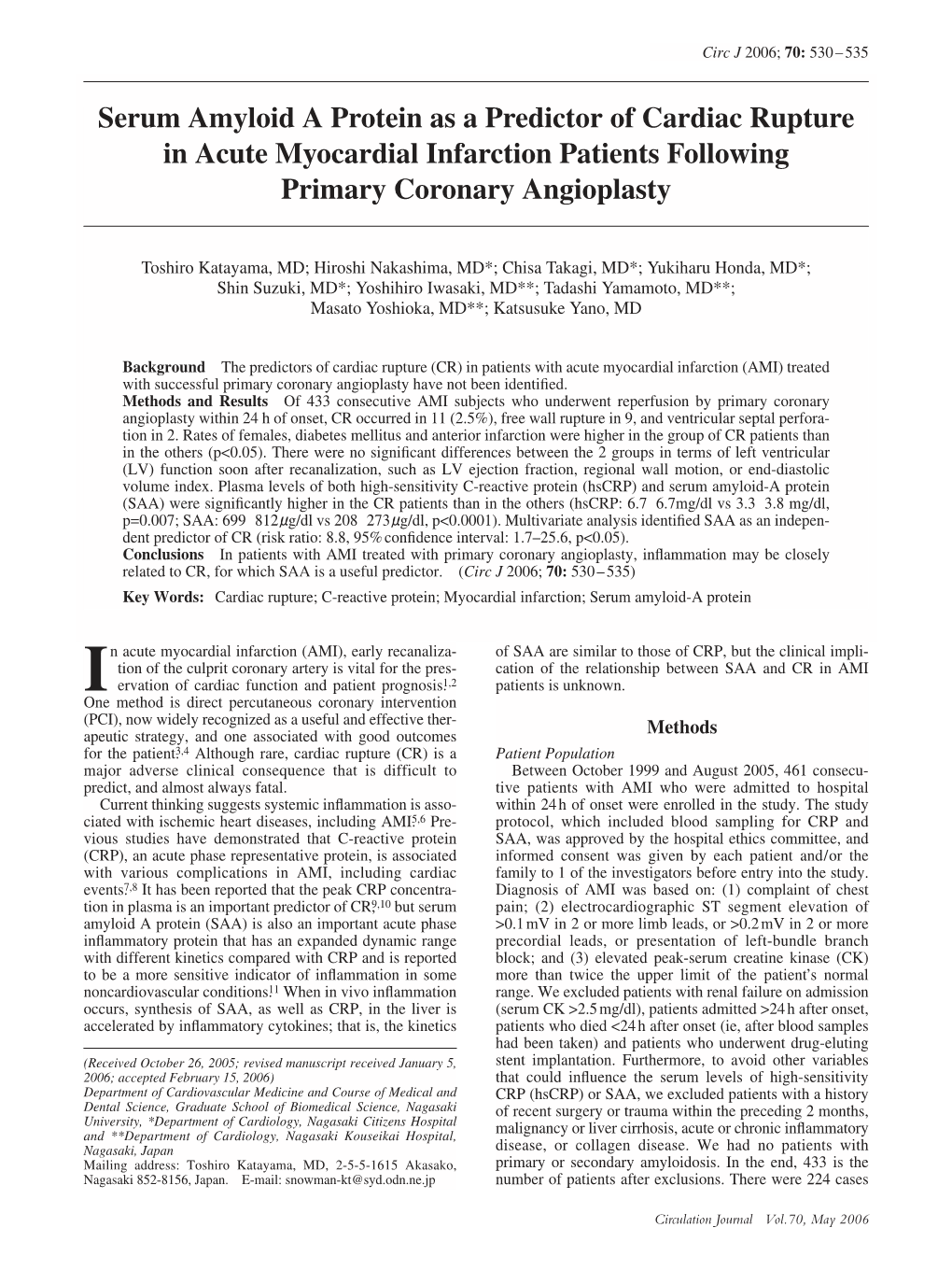 Serum Amyloid a Protein As a Predictor of Cardiac Rupture in Acute Myocardial Infarction Patients Following Primary Coronary Angioplasty