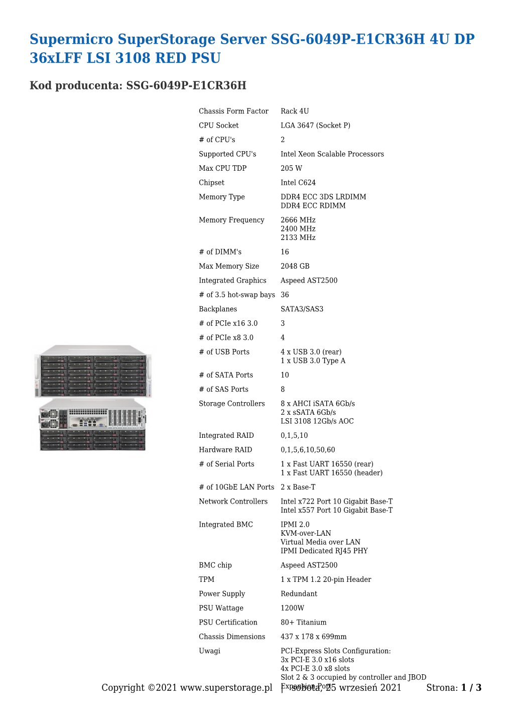 Supermicro Superstorage Server SSG-6049P-E1CR36H 4U DP 36Xlff LSI 3108 RED PSU