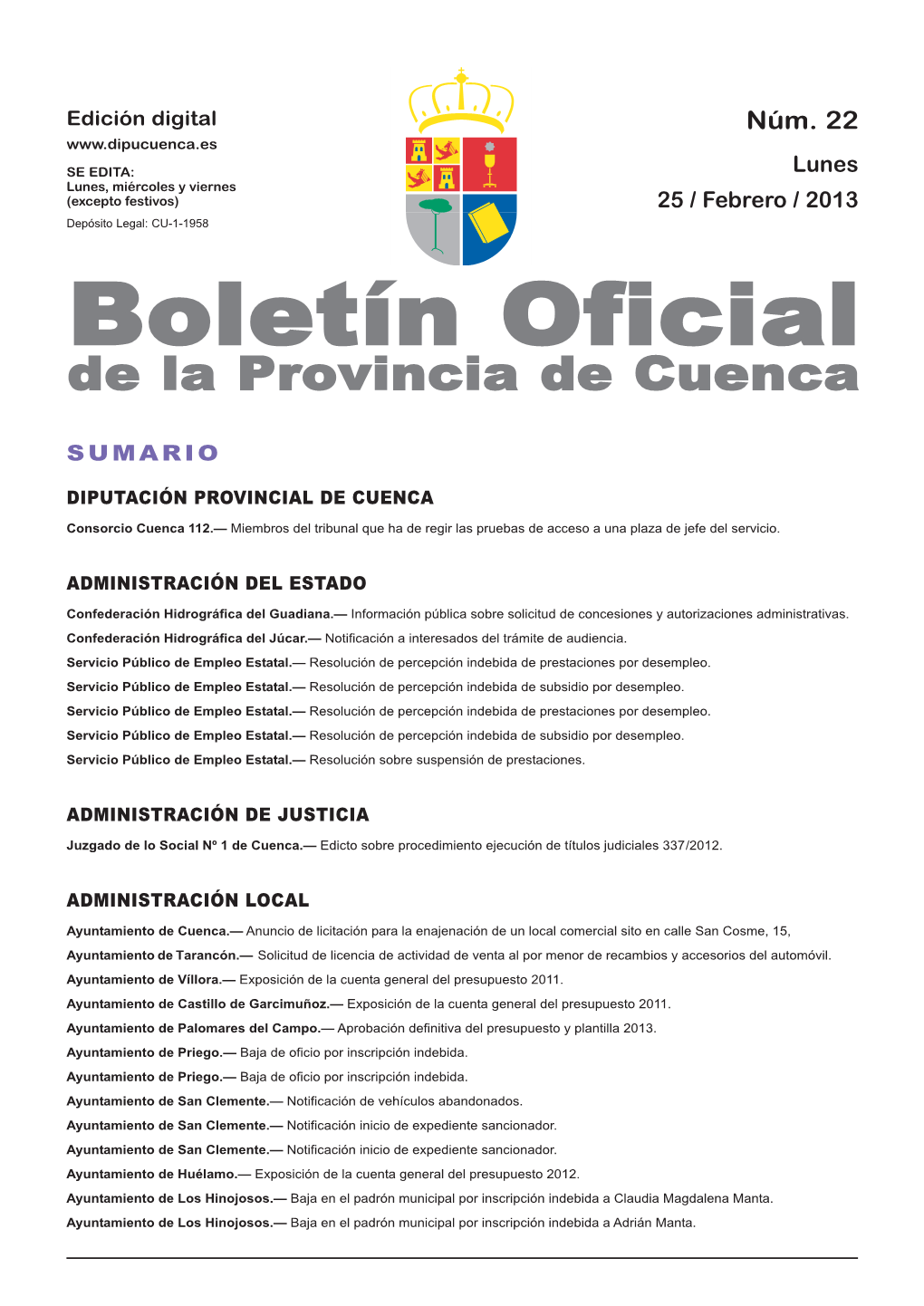 Boletín Oficial De La Provincia De Cuenca Sumario