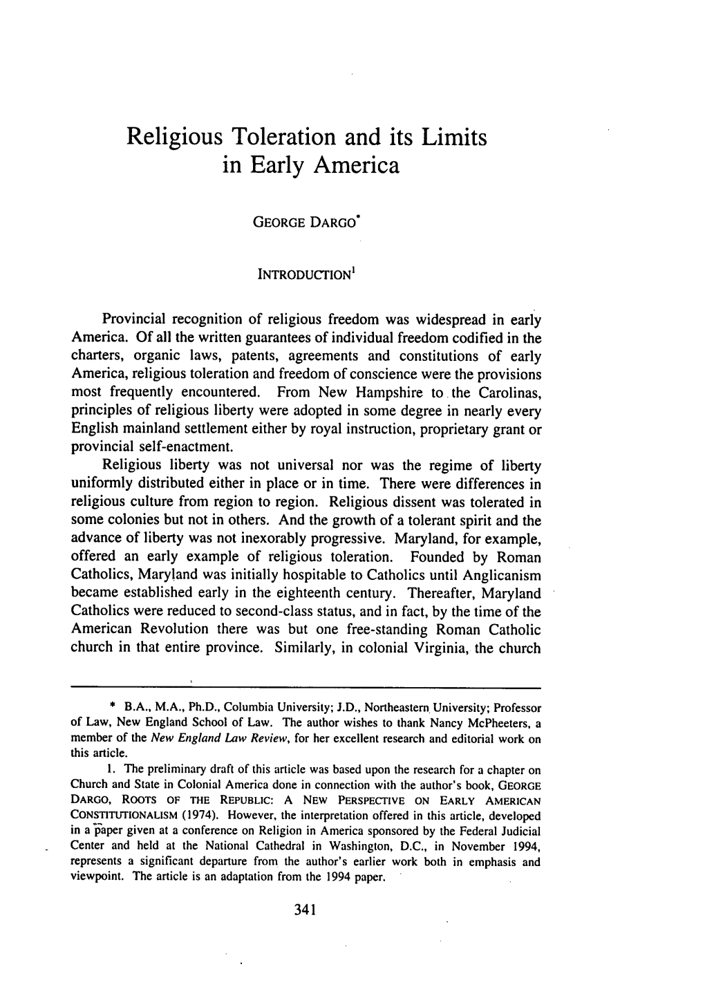 Religious Toleration and Its Limits in Early America