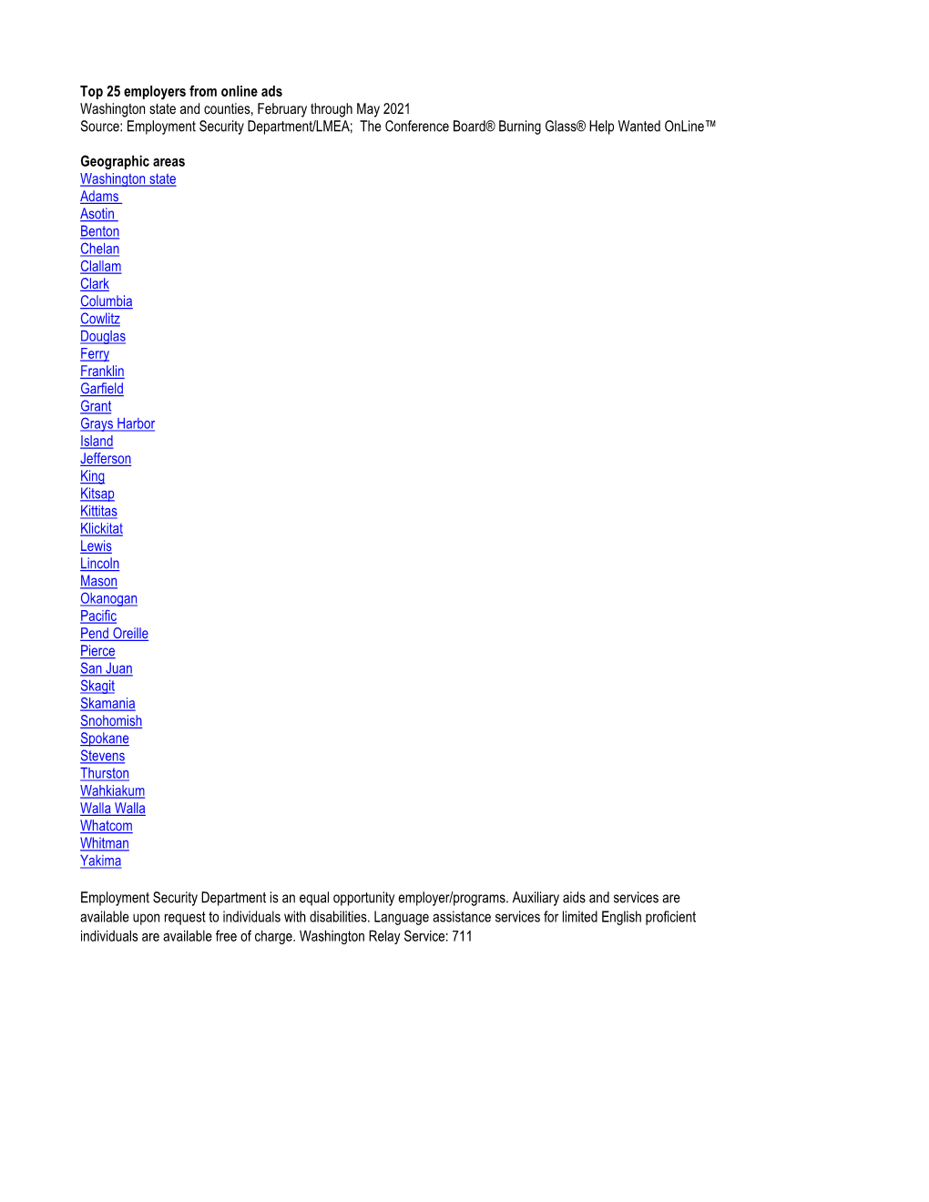 Top 25 Employers from Online Ads Washington State and Counties, February Through May 2021 Source: Employment Security Department