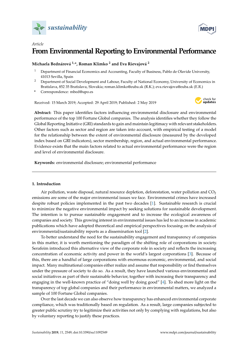 From Environmental Reporting to Environmental Performance