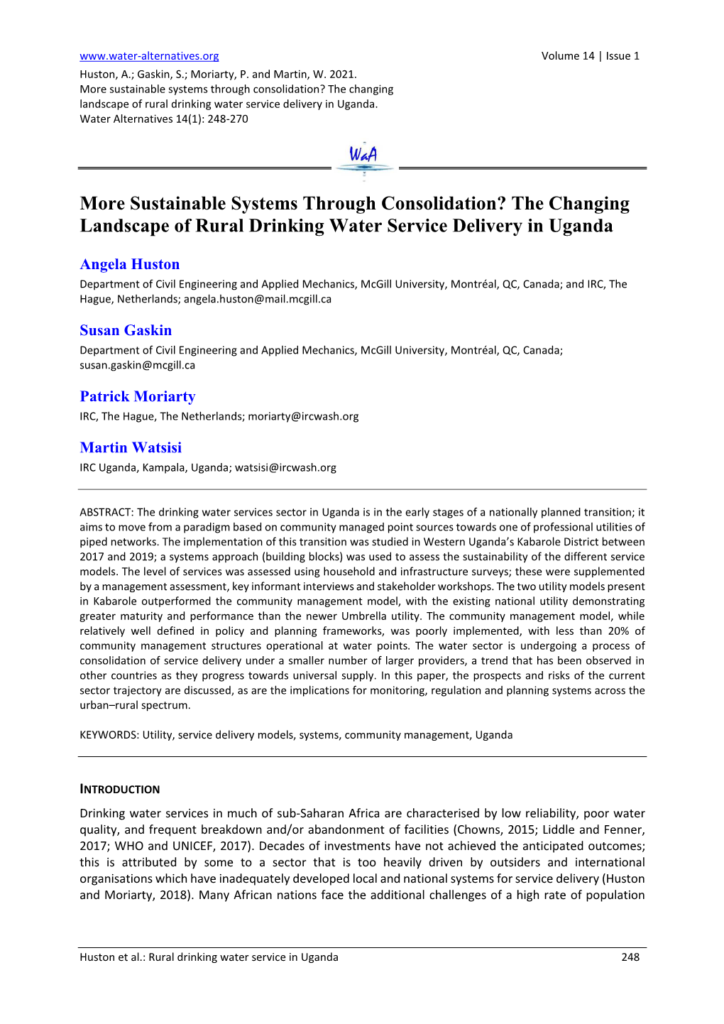 The Changing Landscape of Rural Drinking Water Service Delivery in Uganda