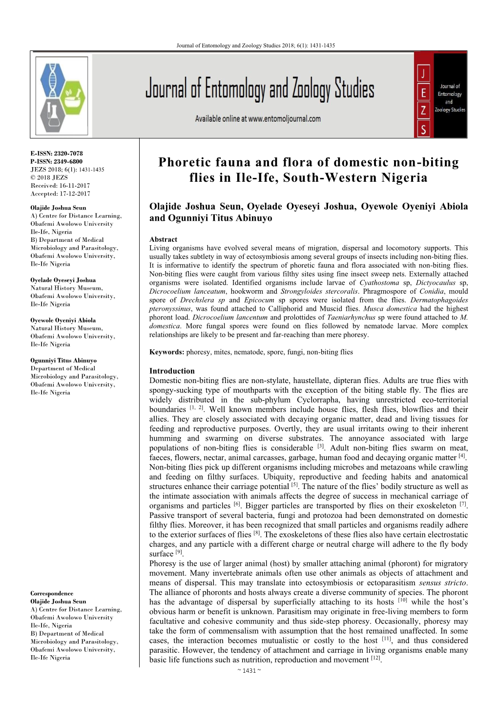 Phoretic Fauna and Flora of Domestic Non-Biting Flies in Ile-Ife, South