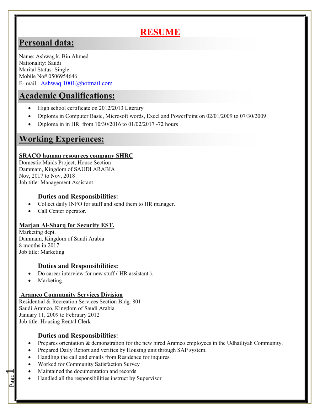 RESUME Personal Data